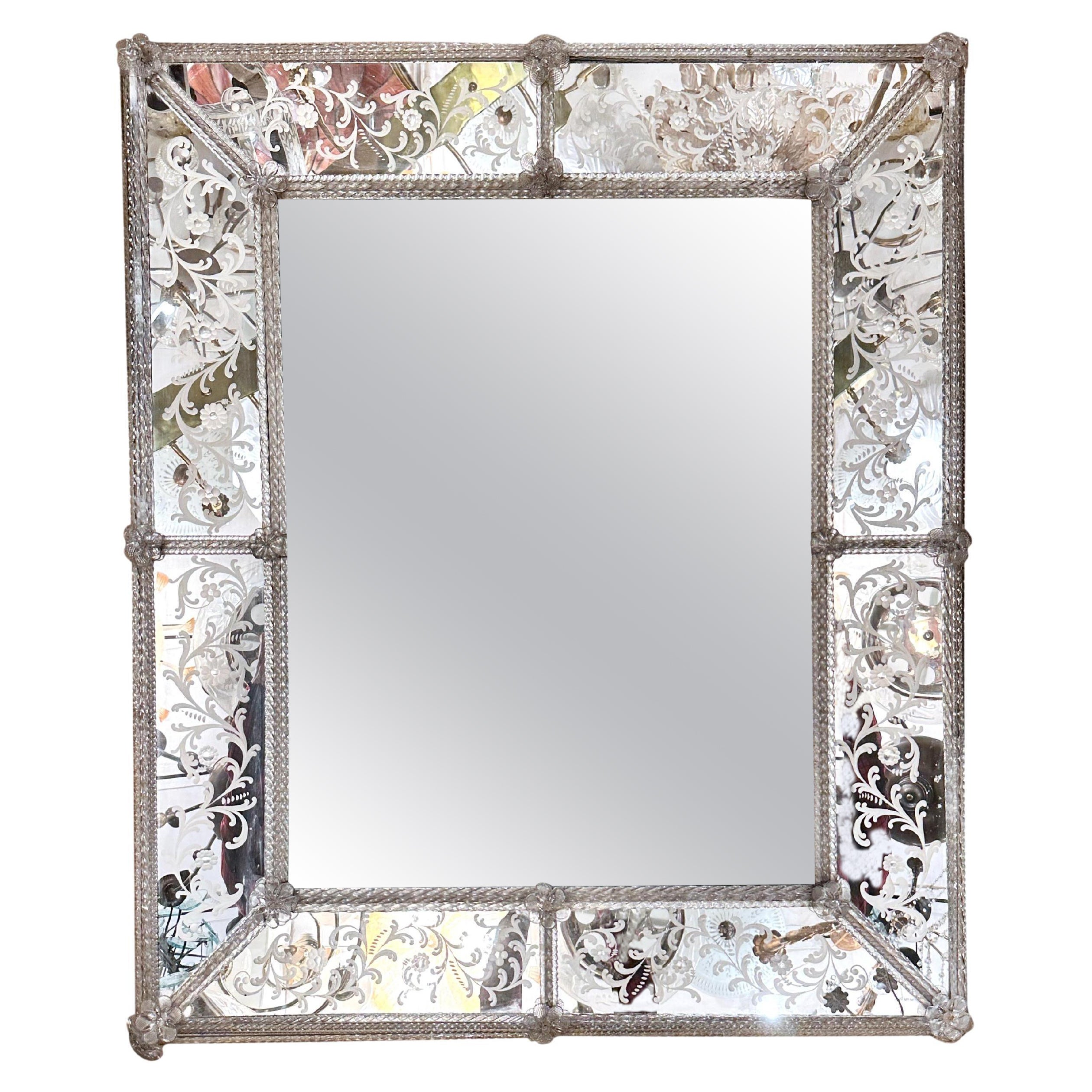 Antique Venetian Mirror with Etched Frame  For Sale