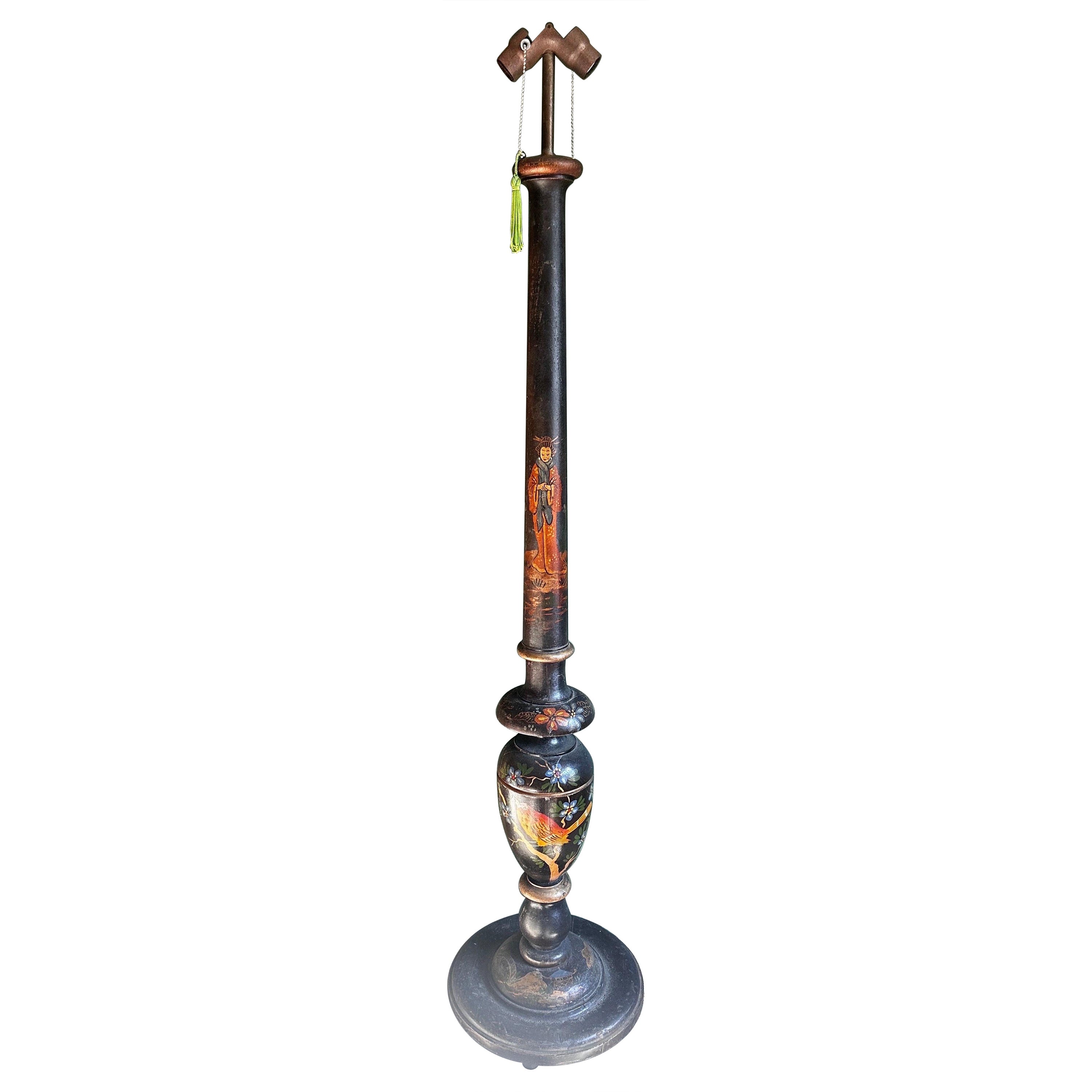 1930s Antique Japanned Chinoserie Painted Wooden Floor Lamp Japonisme For Sale