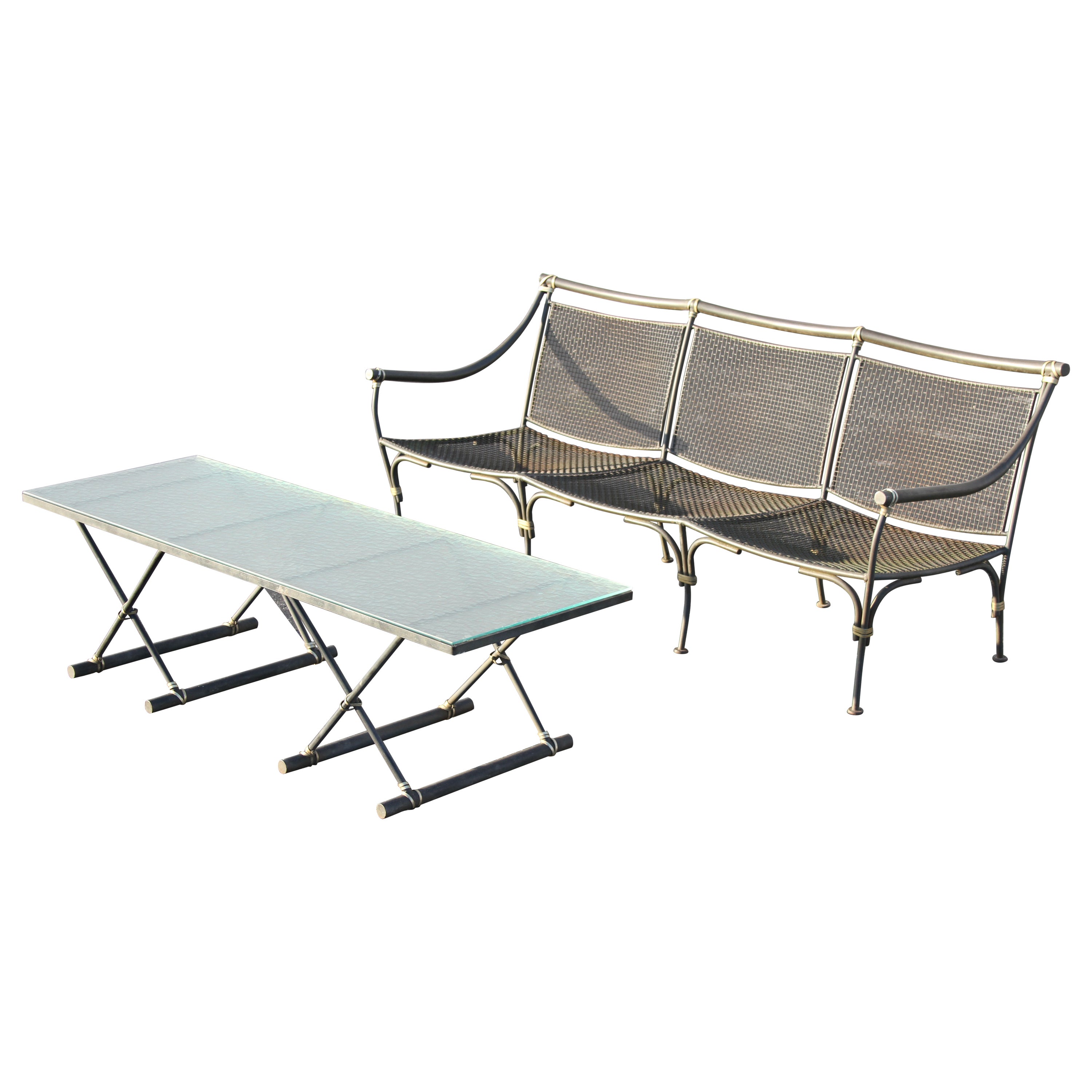  Salerini Style Wrought Iron & Mesh Outdoor 3 Seat Sofa & Glass Coffee Table Set For Sale