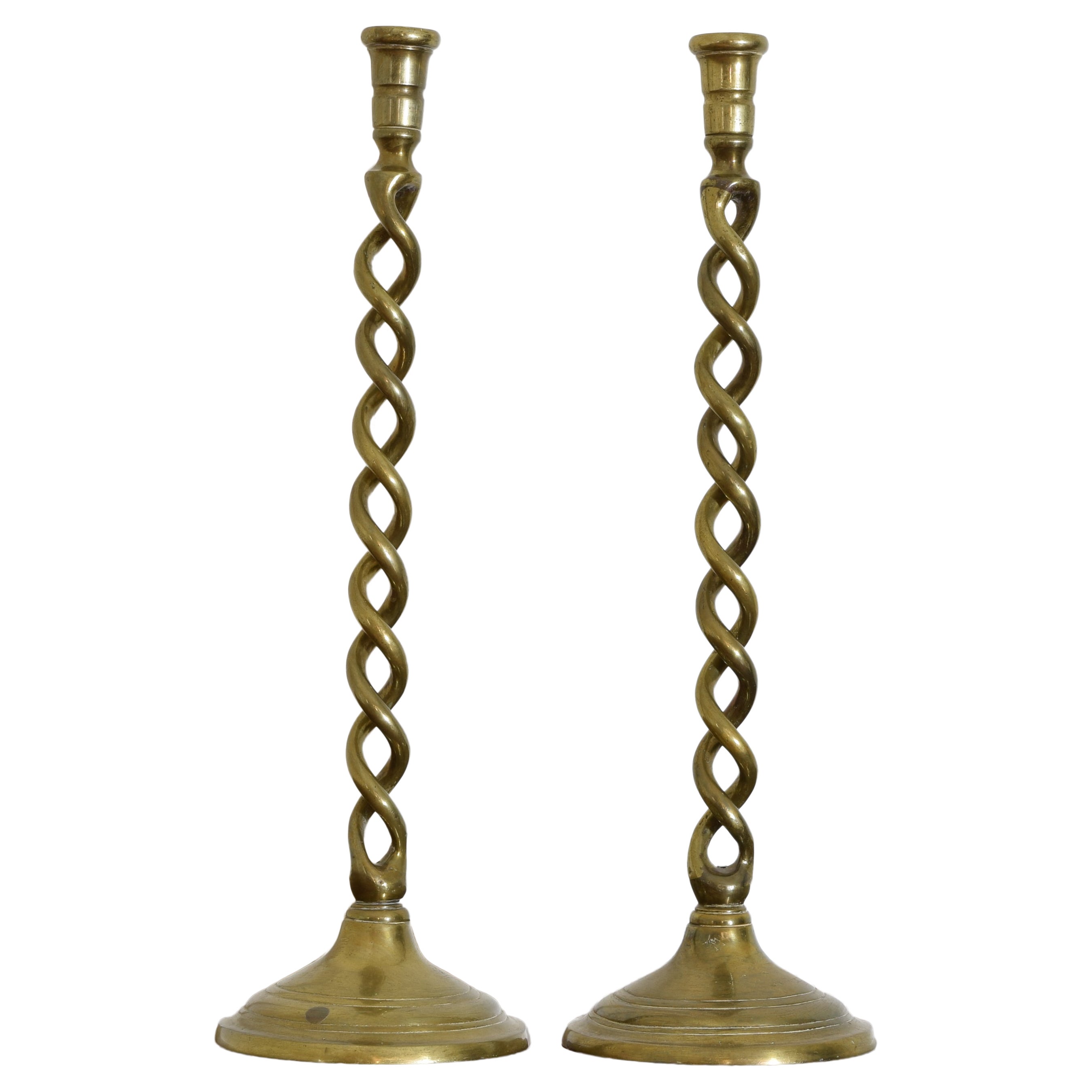 Pair English or French Cast Twisting Brass Candlesticks, late 19th century For Sale