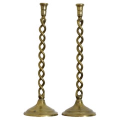 Pair English or French Cast Twisting Brass Candlesticks, late 19th century