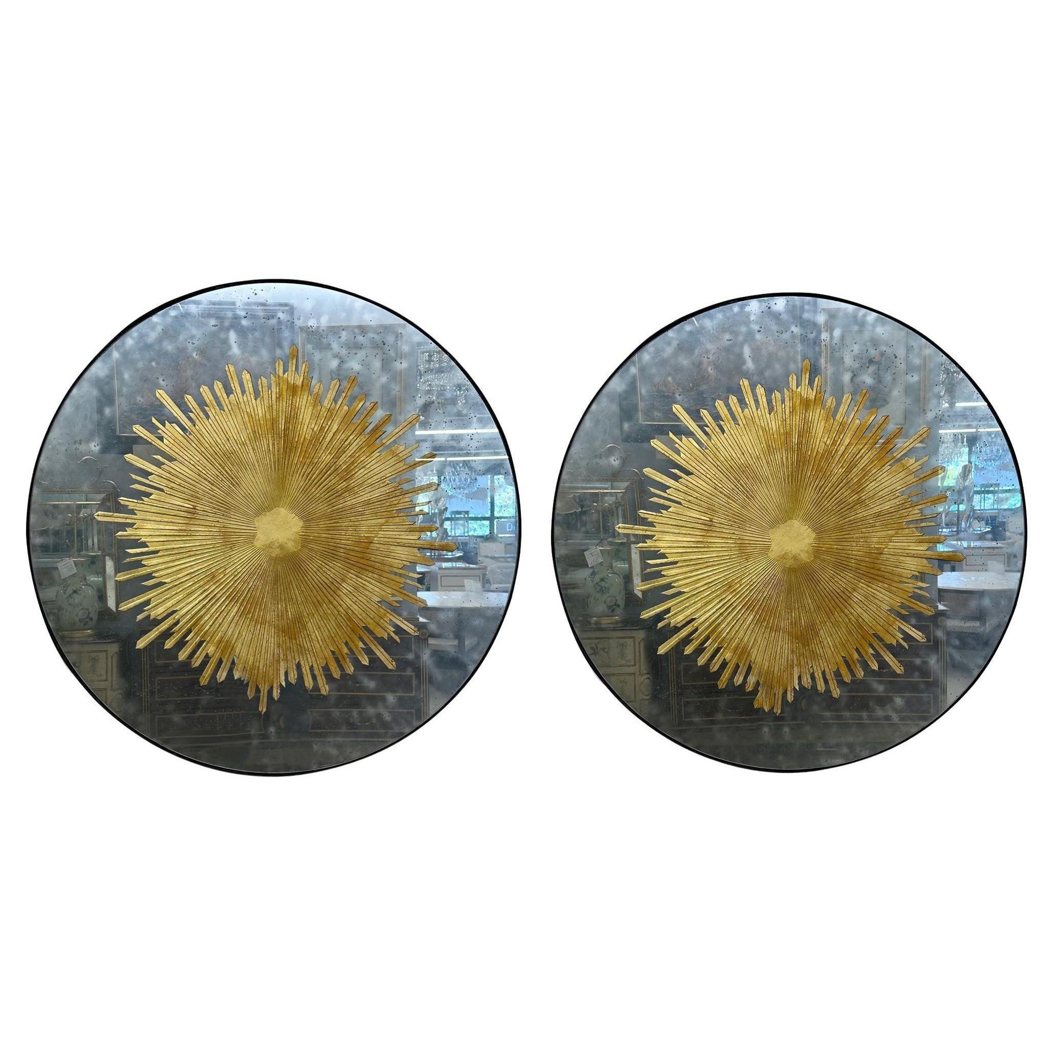 Contemporary, Hollywood Regency Style, Sunburst Mirrors, Distressed Glass, 2024 For Sale
