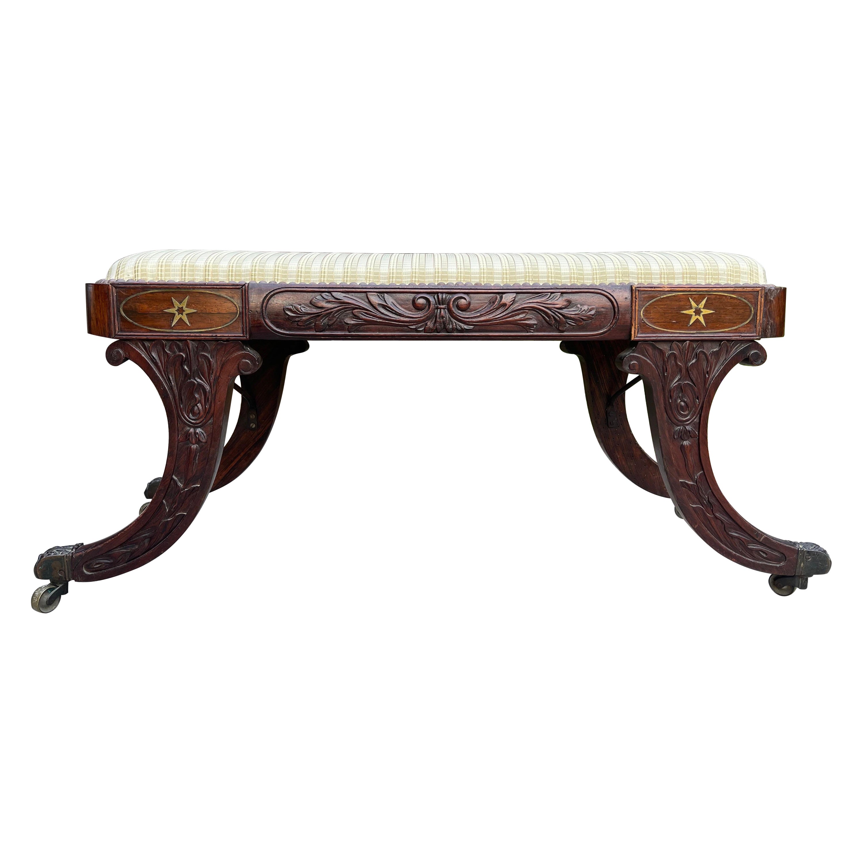 19th C. American Empire Carved Rosewood Bench on Casters, Duncan Phyfe Style For Sale
