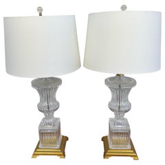 Pair of Vintage Baccarat Style Crystal Urn Lamps with Brass Base