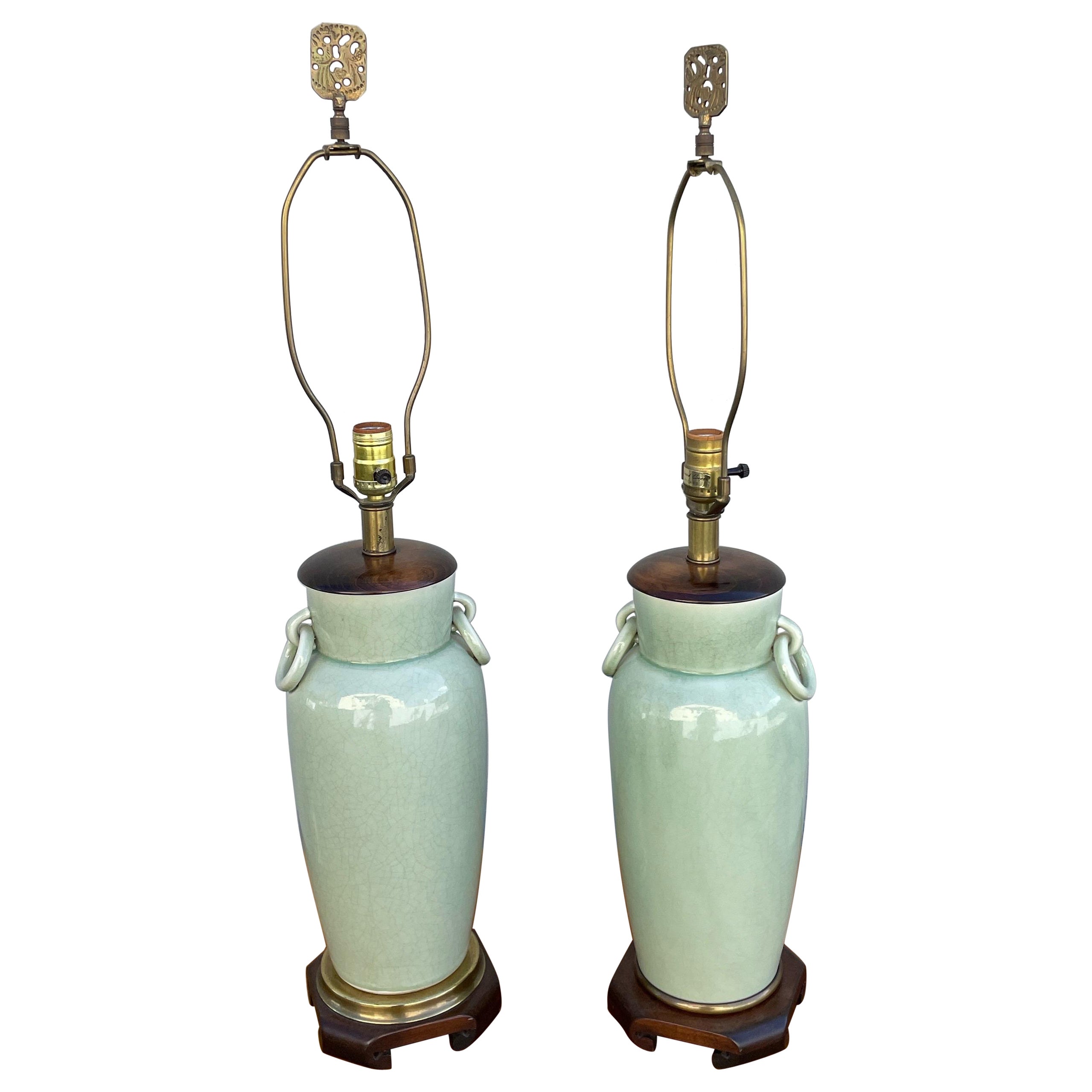 Pair of Vintage Chinese Celadon Table Lamps For Sale