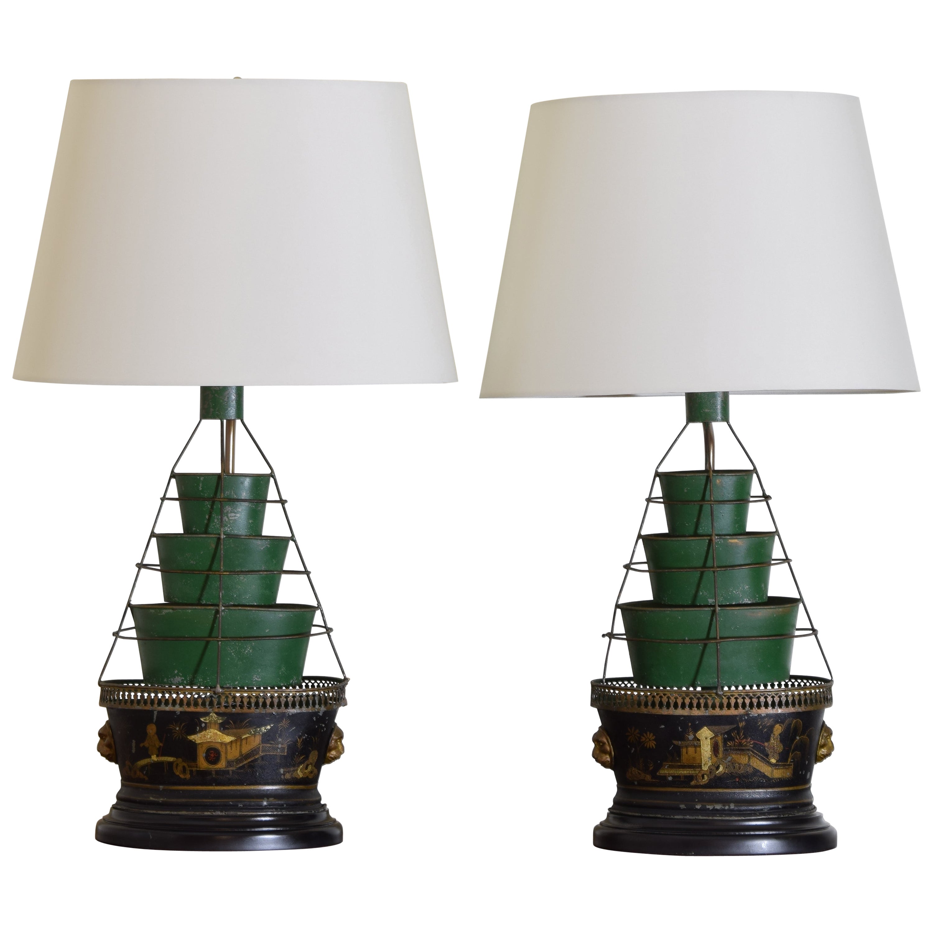 Pair of Tole Chinoiserie Tulip Jardinieres Mounted as Table Lamps, early 20thc