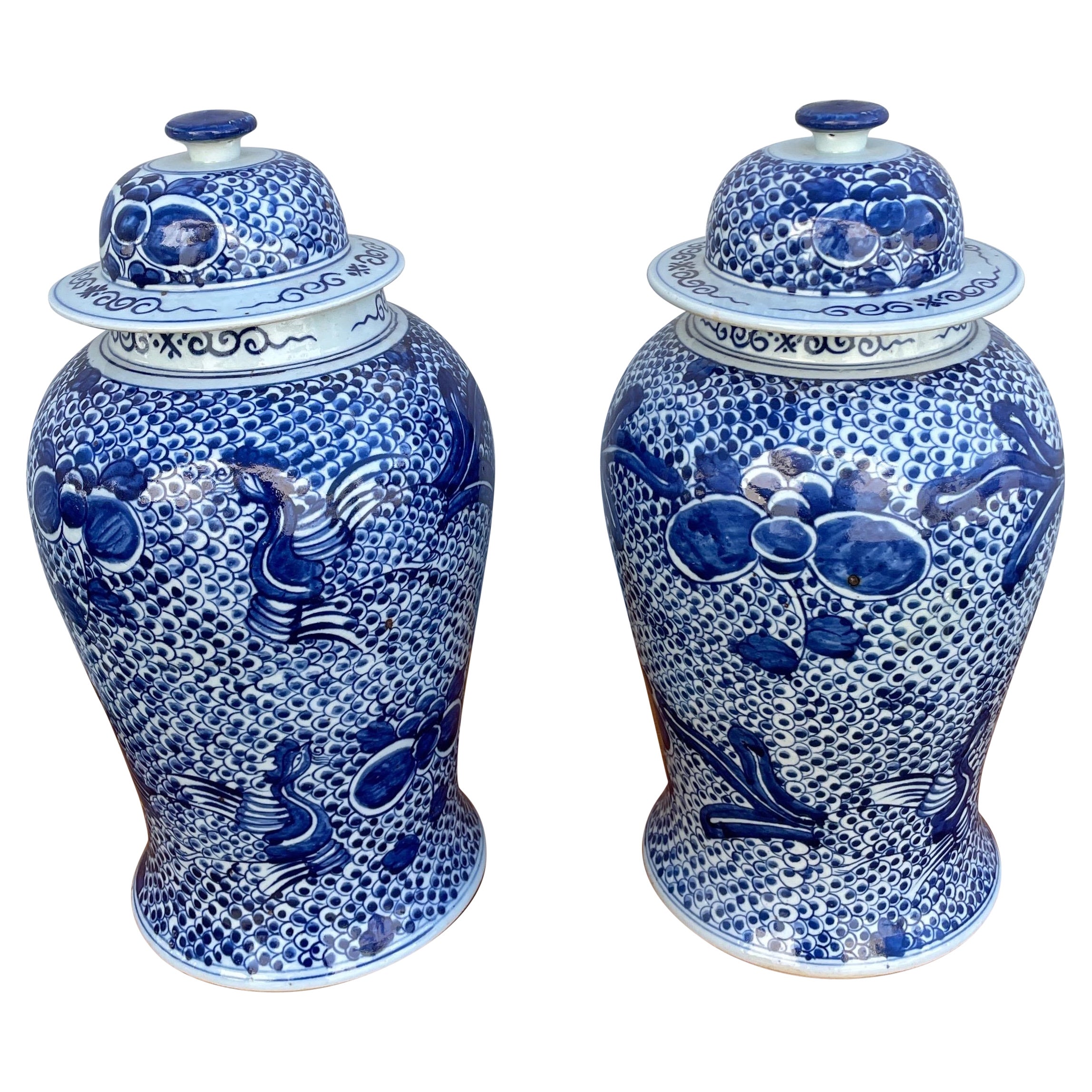 Paire de grands pots à gingembre bleus et blancs chinois