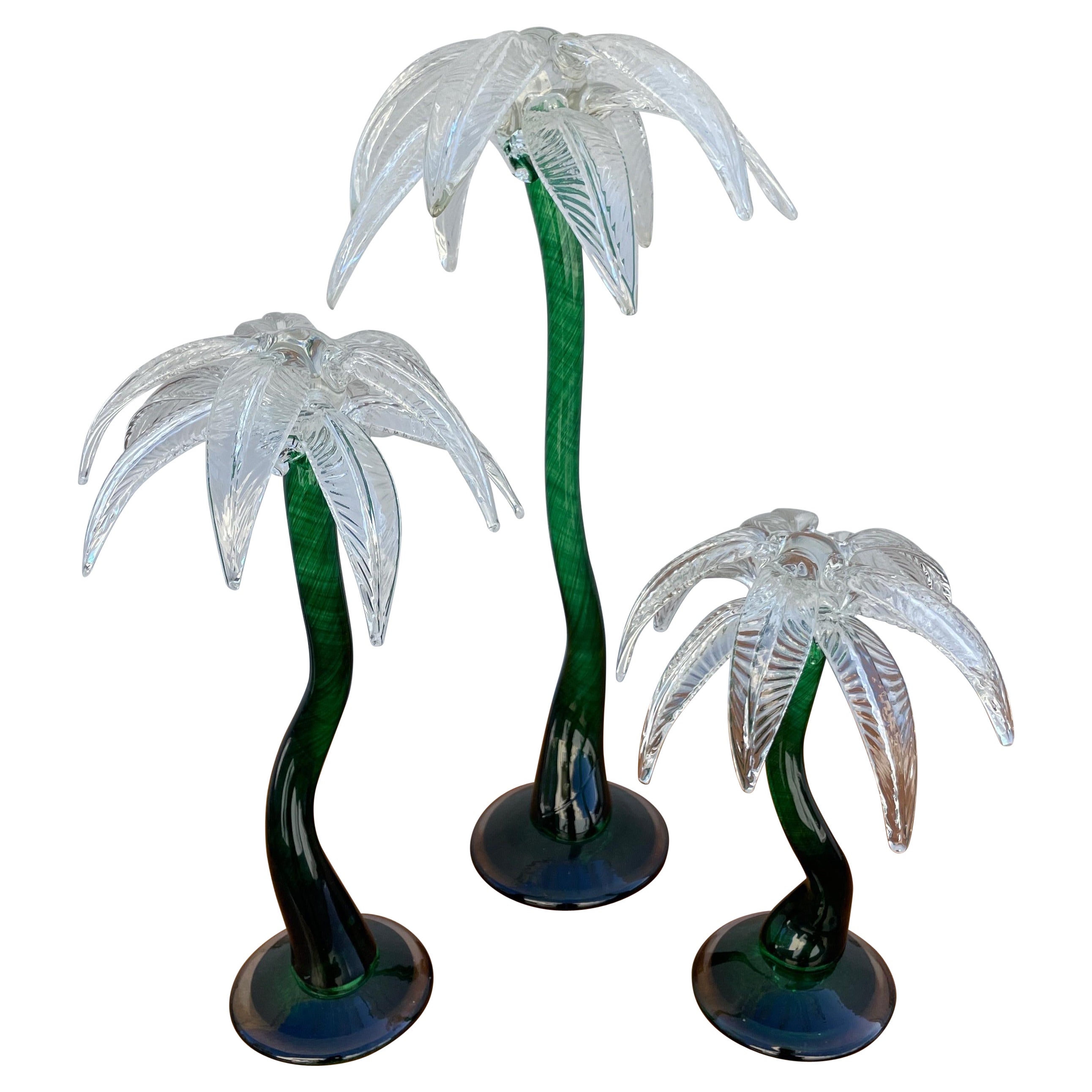Ensemble vintage de trois sculptures de palmier en verre d'art