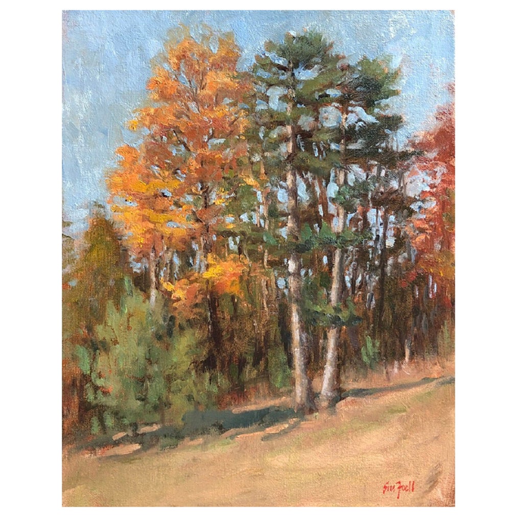 Huile sur toile « Autumn Woods » encadrée par Sue Foell en vente