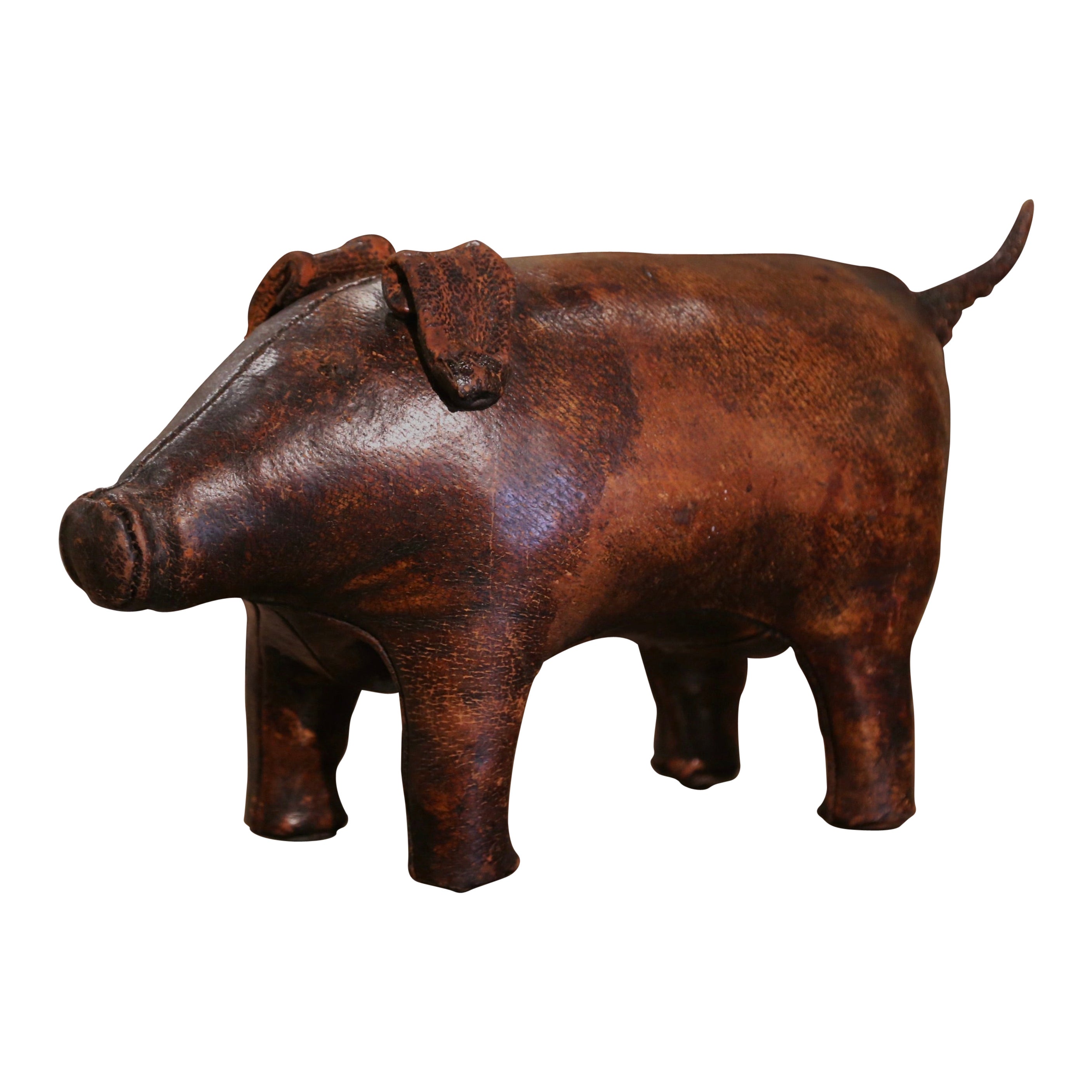 Early 20th Century English Brown Patinated Leather Pig Footstool For Sale