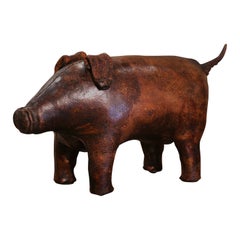 Used Early 20th Century English Brown Patinated Leather Pig Footstool