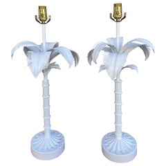 Pair of Vintage Painted Tole Palm Tree Table Lamps