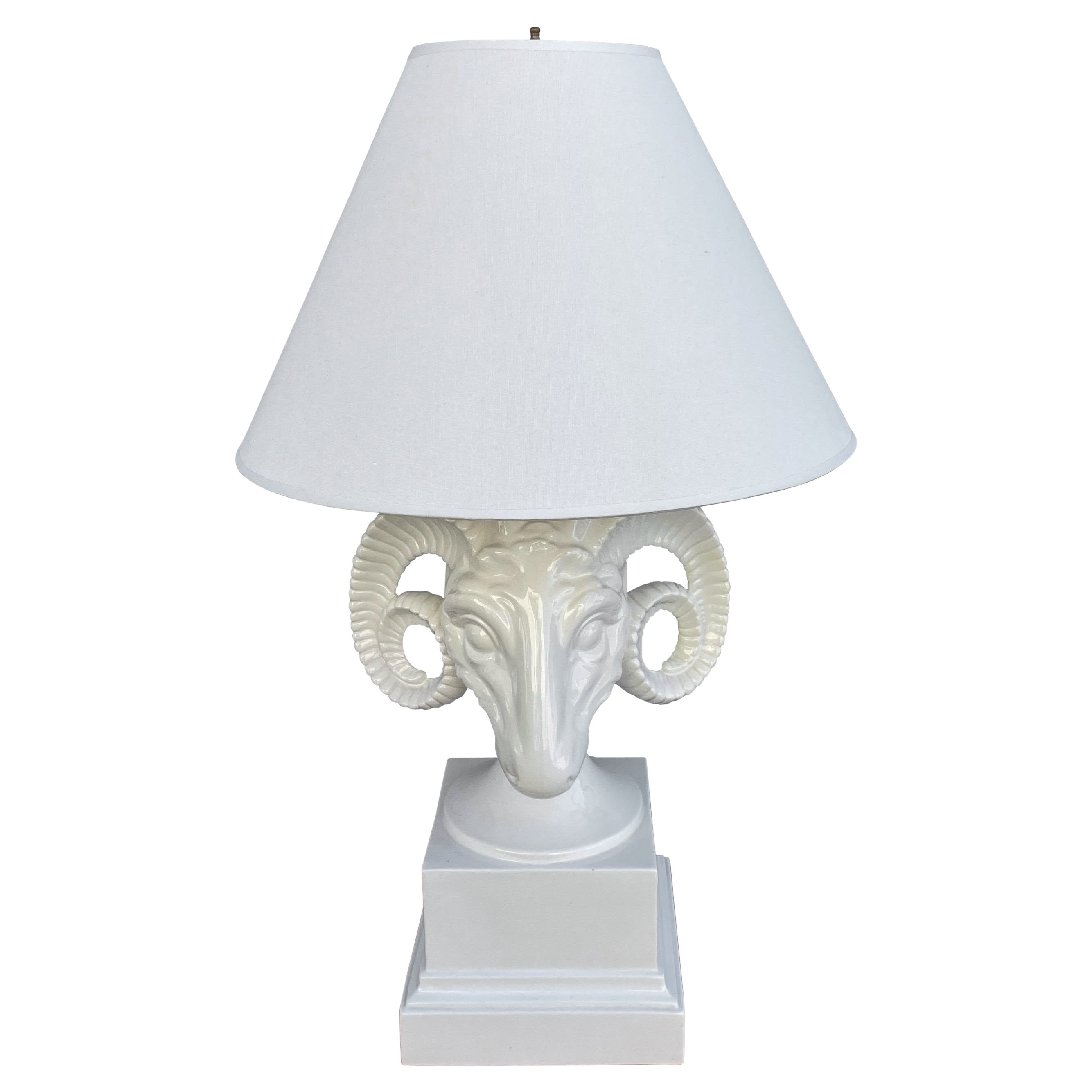 Vintage White Porcelain Ram's Head Lamp by Chapmam For Sale