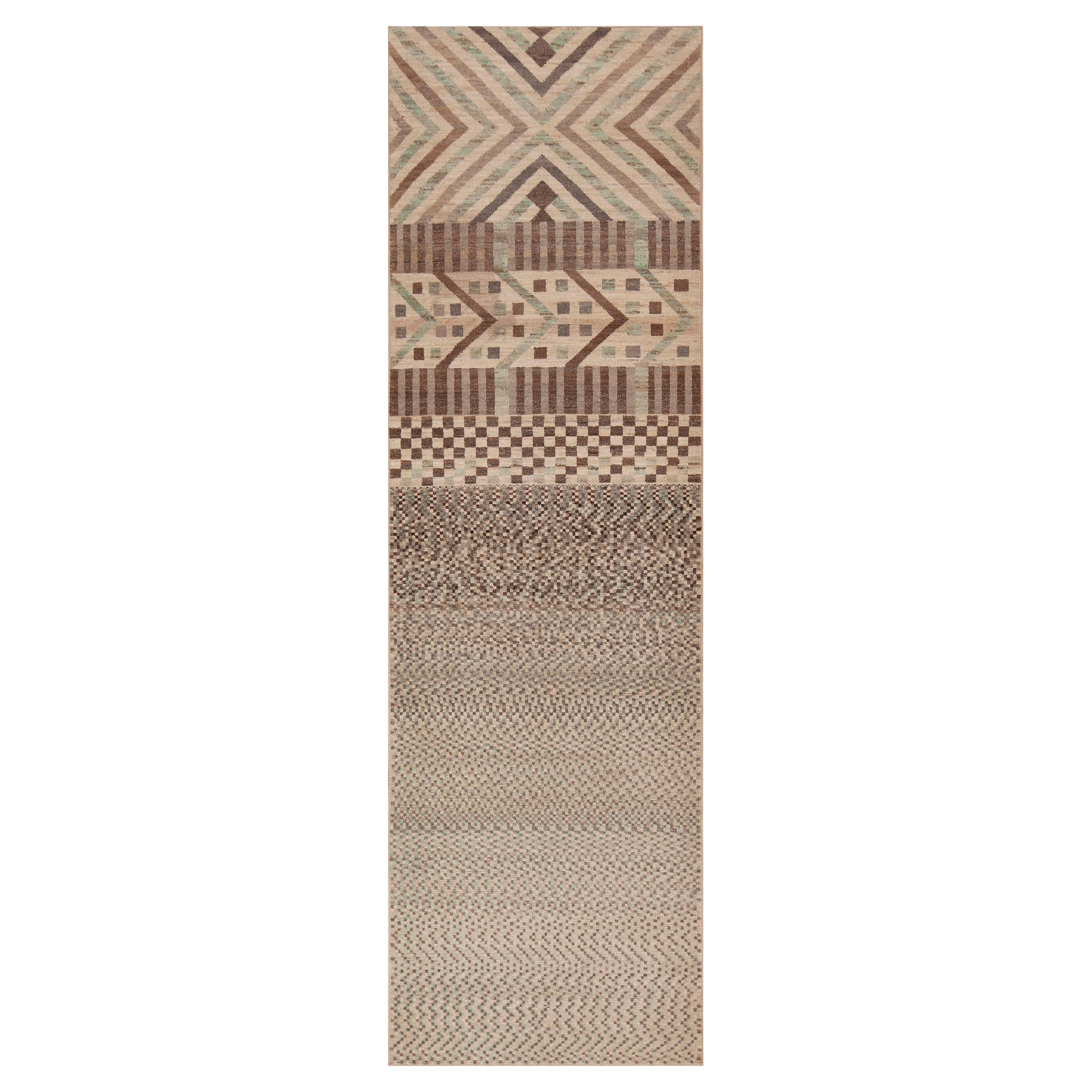 Artistic Tribal Geometric Neutral Light Color Modern Runner Rug 3' x 9'8" For Sale