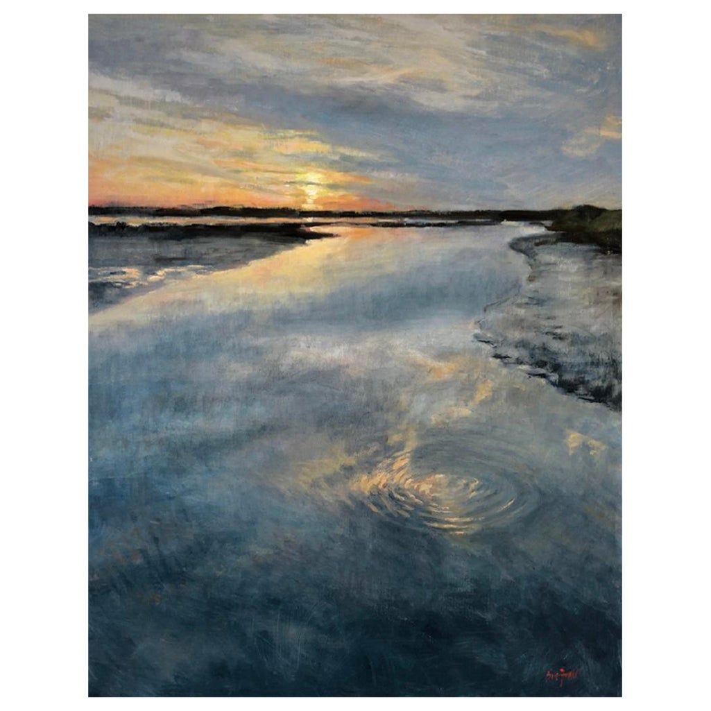 Framed Oil on Canvas Panel "Inlet Sunset" by Sue Foell For Sale