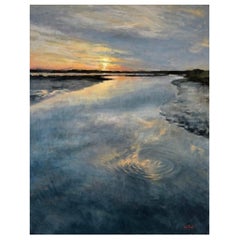 Framed Oil on Canvas Panel "Inlet Sunset" by Sue Foell