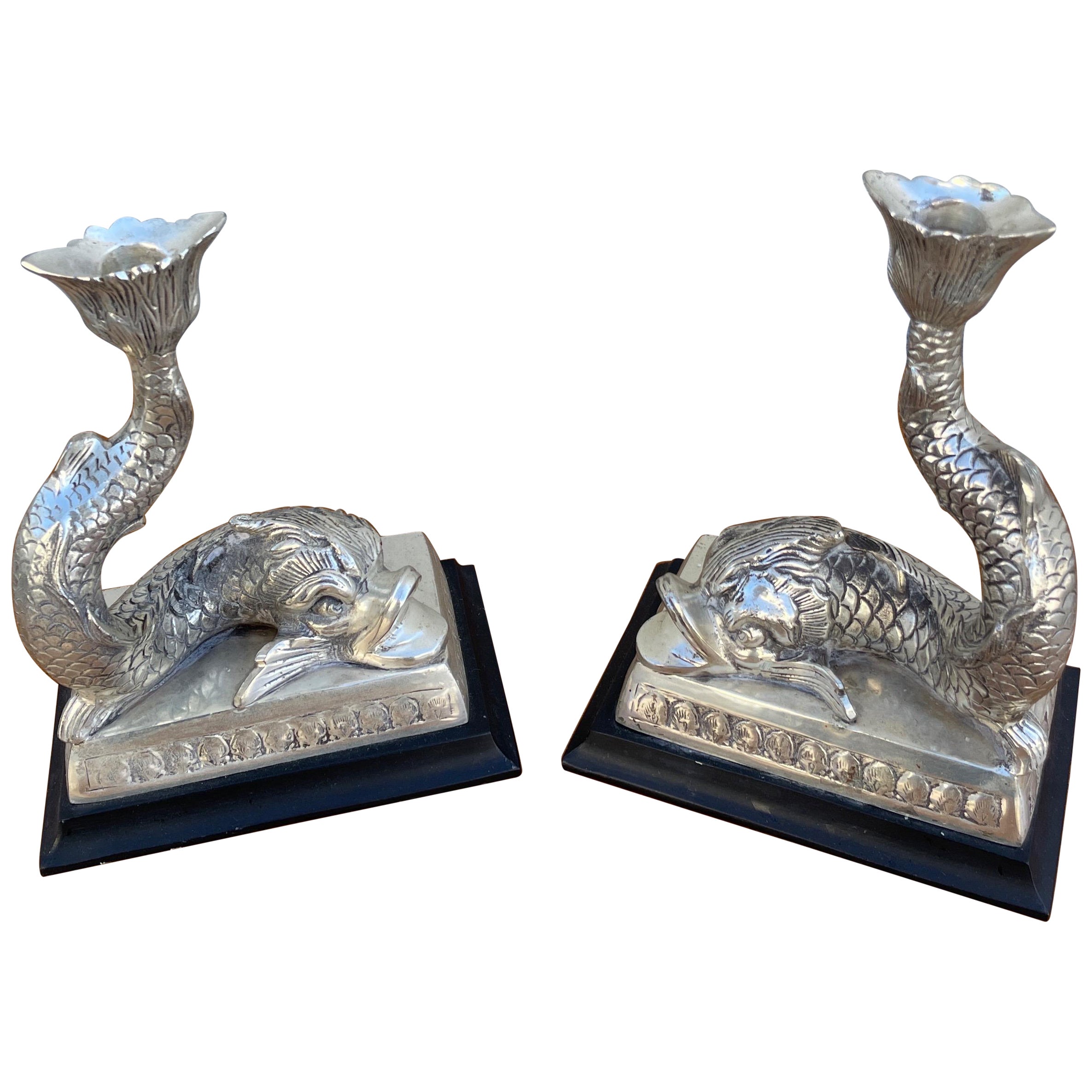 Vintage Silver Plate Dolphin Candlesticks For Sale