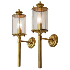 Vintage Pair of French Neoclassical Maison Jansen Style Brass Wall Sconce Lanterns C1950