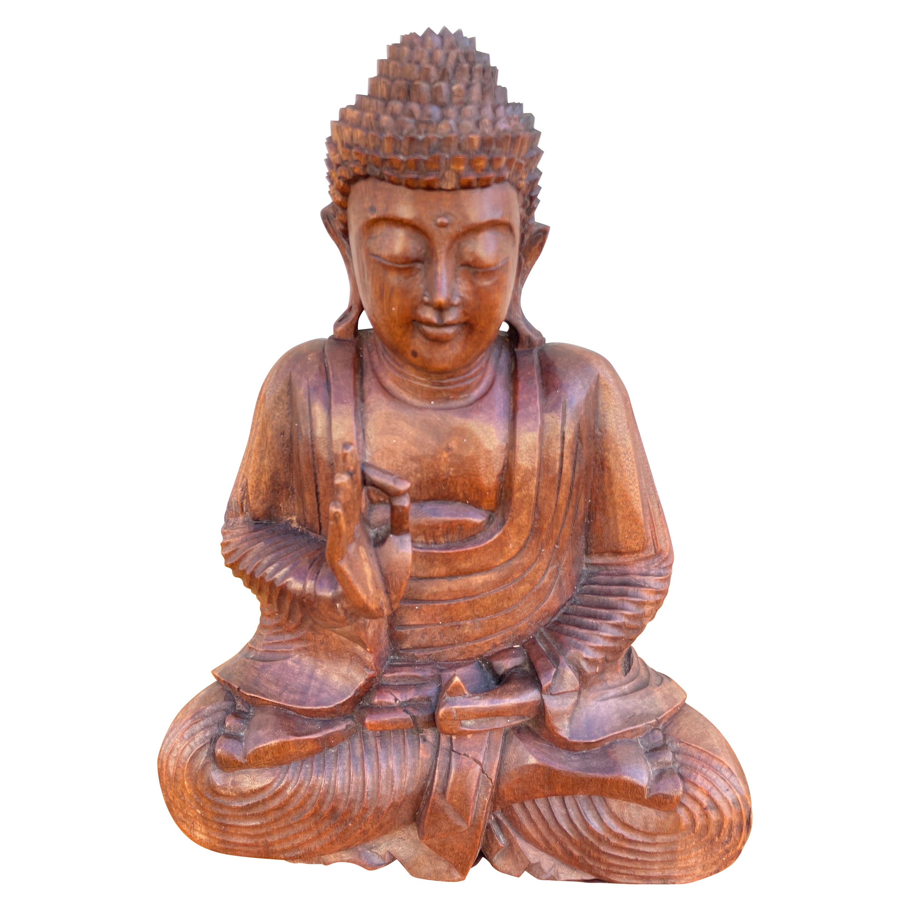 Vintage Carved Wood Seated Buddha For Sale