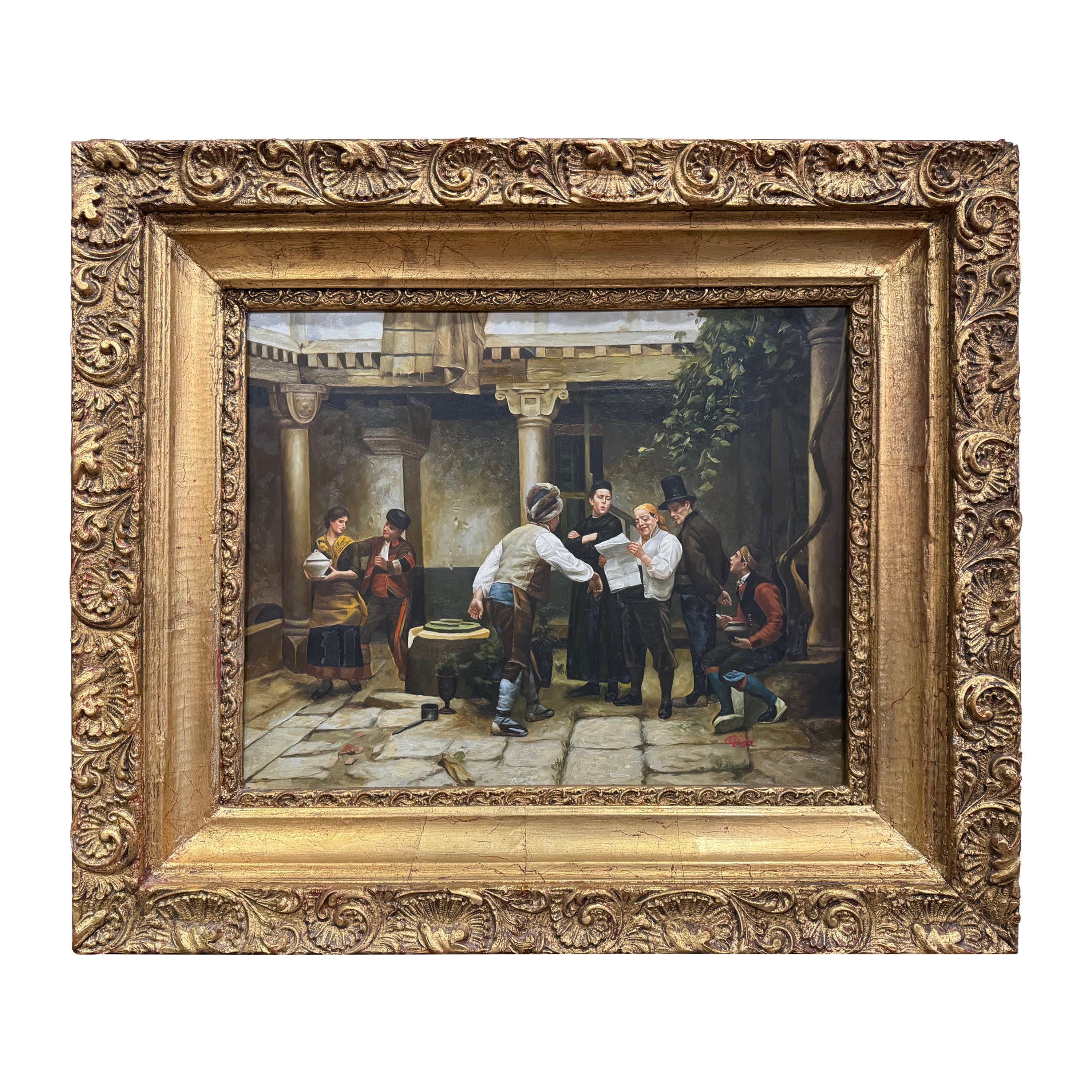Mid-Century French Painting "The Politicians" Signed Alina After Jules Worms For Sale