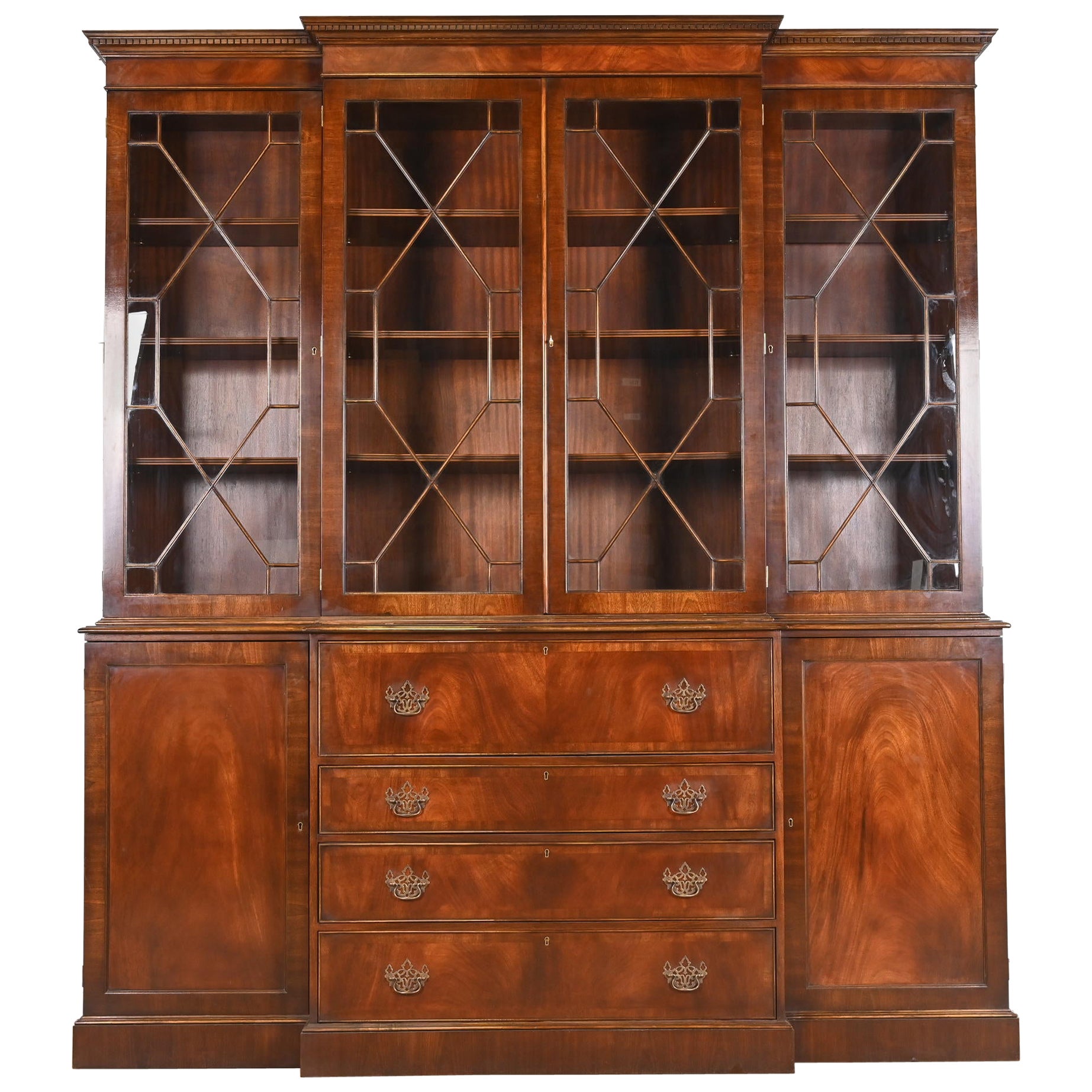 Trosby Georgian Mahogany Breakfront Bookcase Cabinet With Secretary Desk For Sale