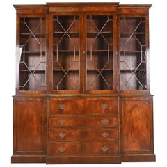Trosby Georgian Mahogany Breakfront Bookcase Cabinet With Secretary Desk