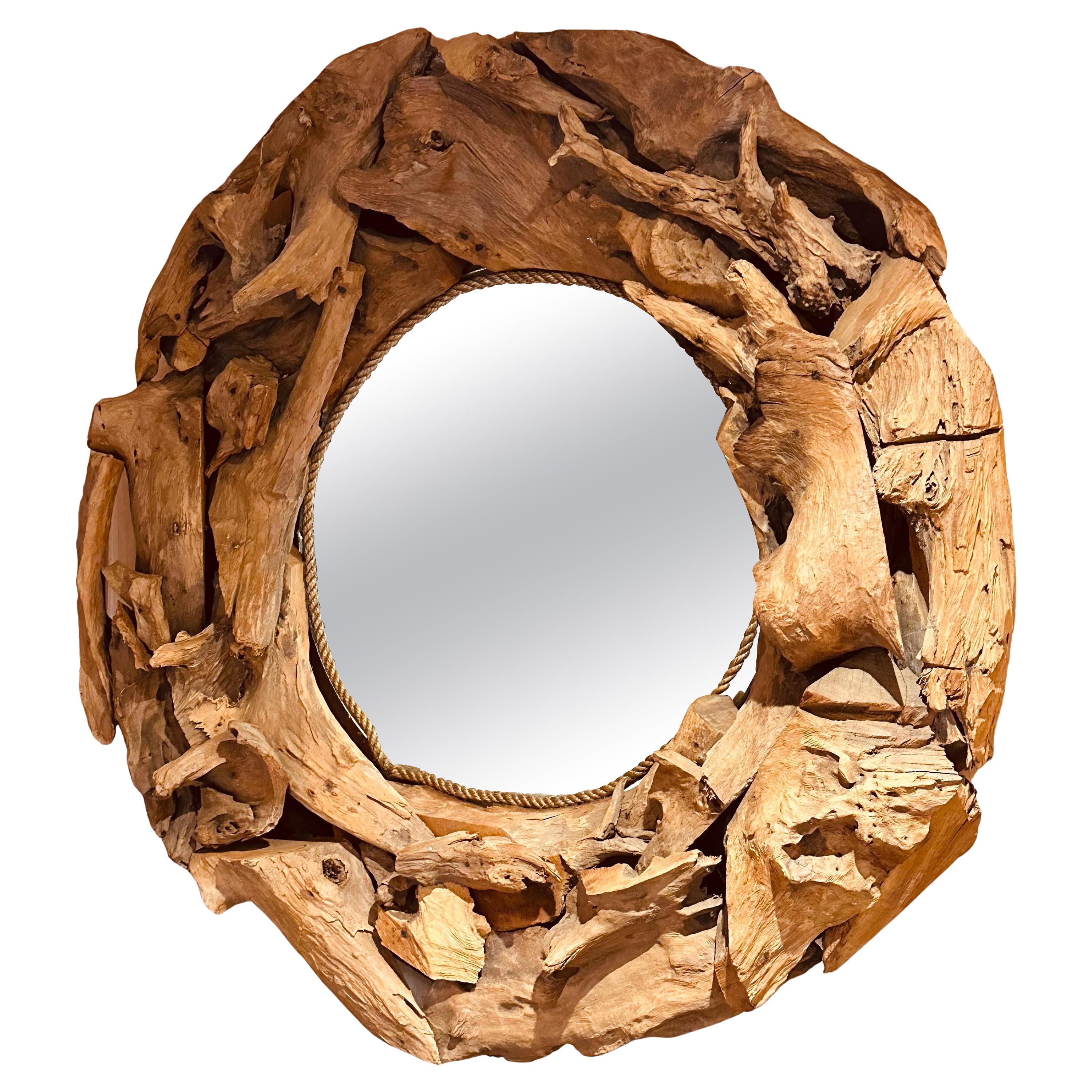 Vintage English Driftwood Root & Rope Circular Rustic Handmade Wall Mirror For Sale