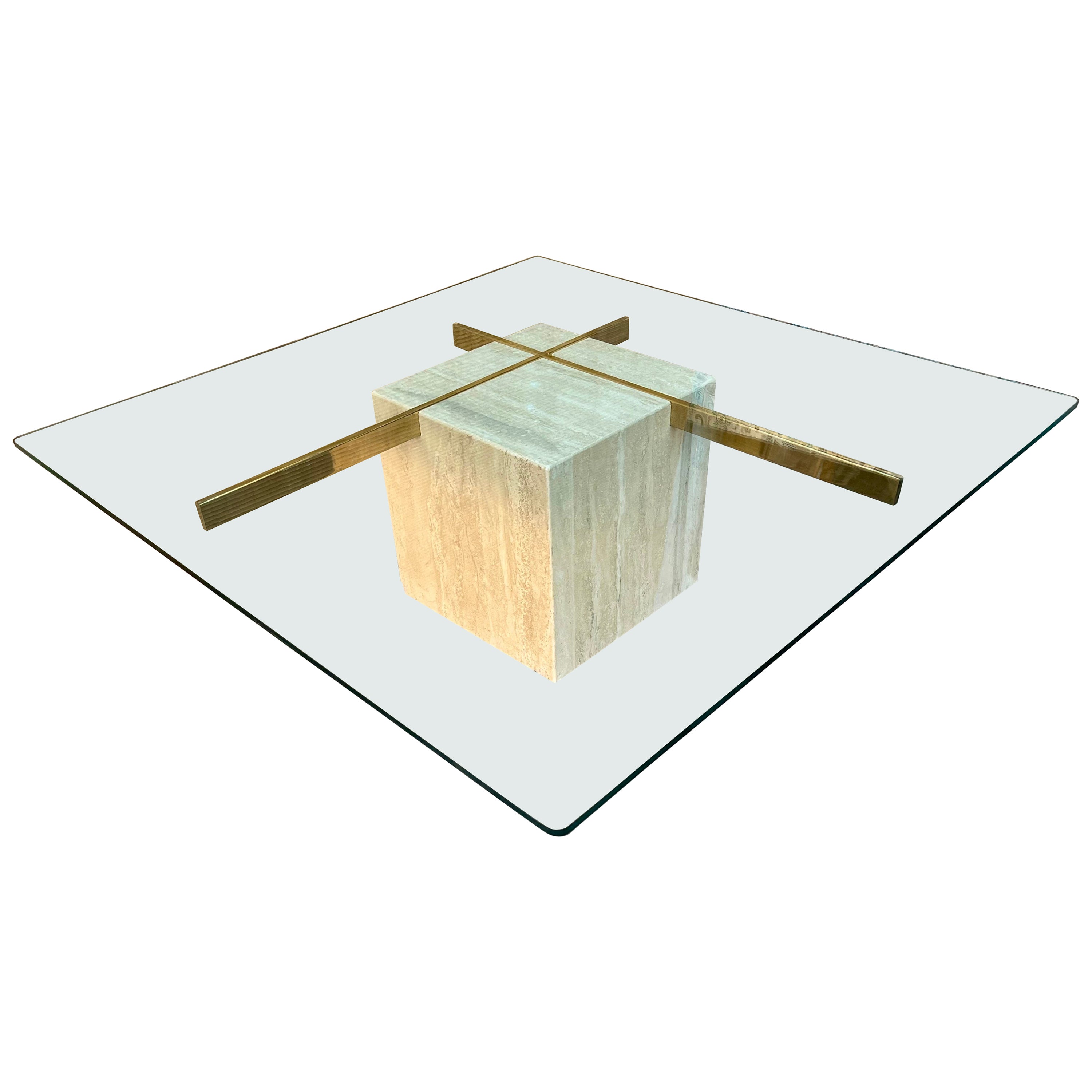 Postmodern Travertine and Glass Top Coffee Table. Circa 1970s  For Sale