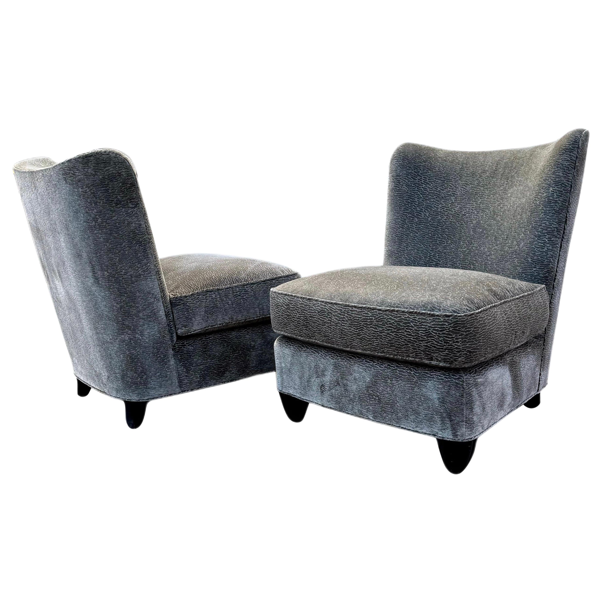 Barbara Barry for Baker Pair of Grey Chenille Slipper Chairs  For Sale
