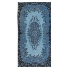 Vintage 3.7x7 Ft Contemporary Handmade Turkish Small Rug in Blue with Medallion Design