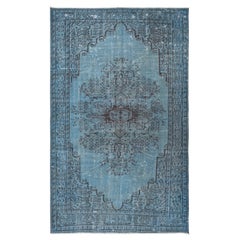 Vintage 6.2x10 Ft Modern Light Blue Area Rug, Room Size Handmade Overdyed Turkish Carpet