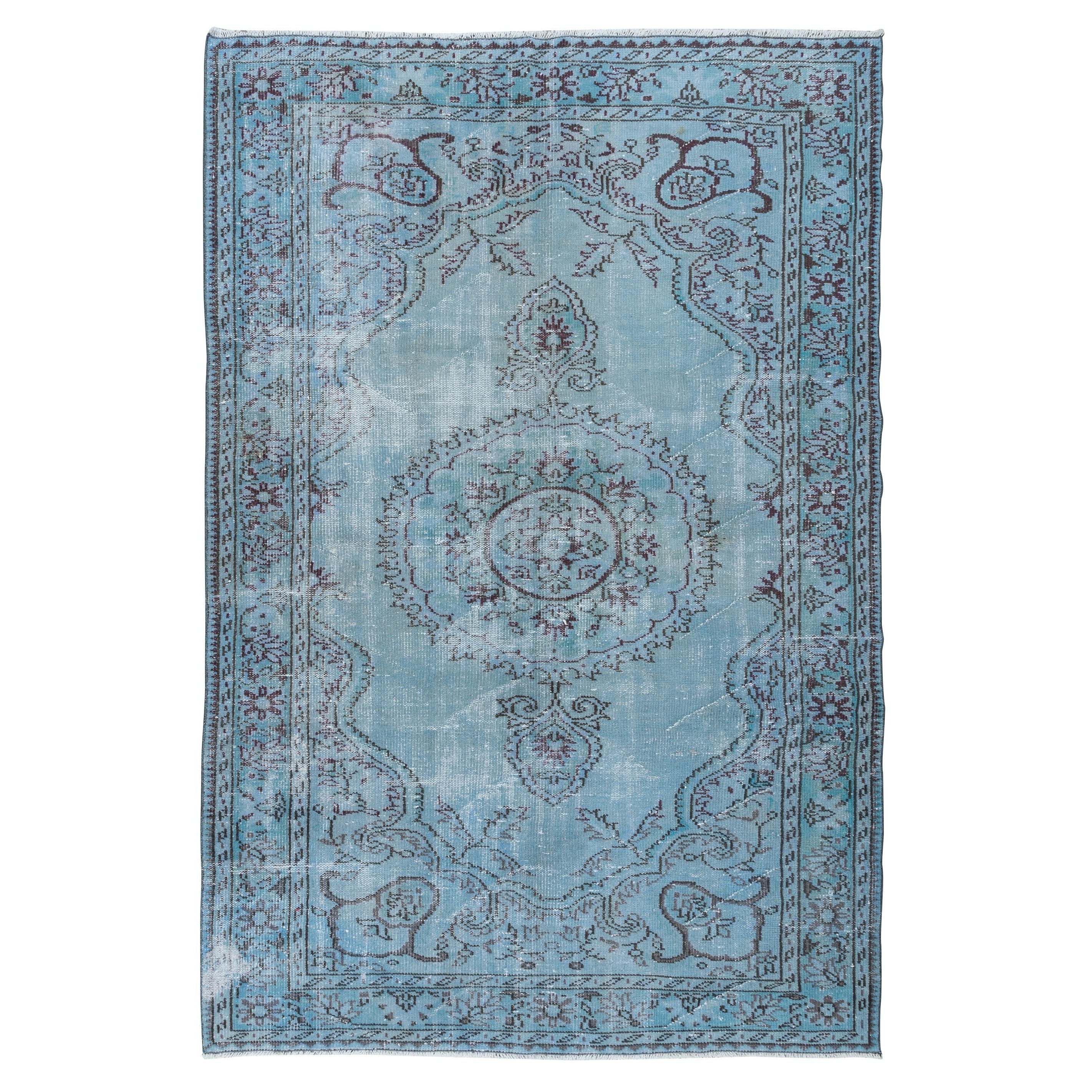 6x8.7 Ft Handmade Turkish Rug Over-Dyed in Light Blue, Contemporary Carpet (tapis contemporain)