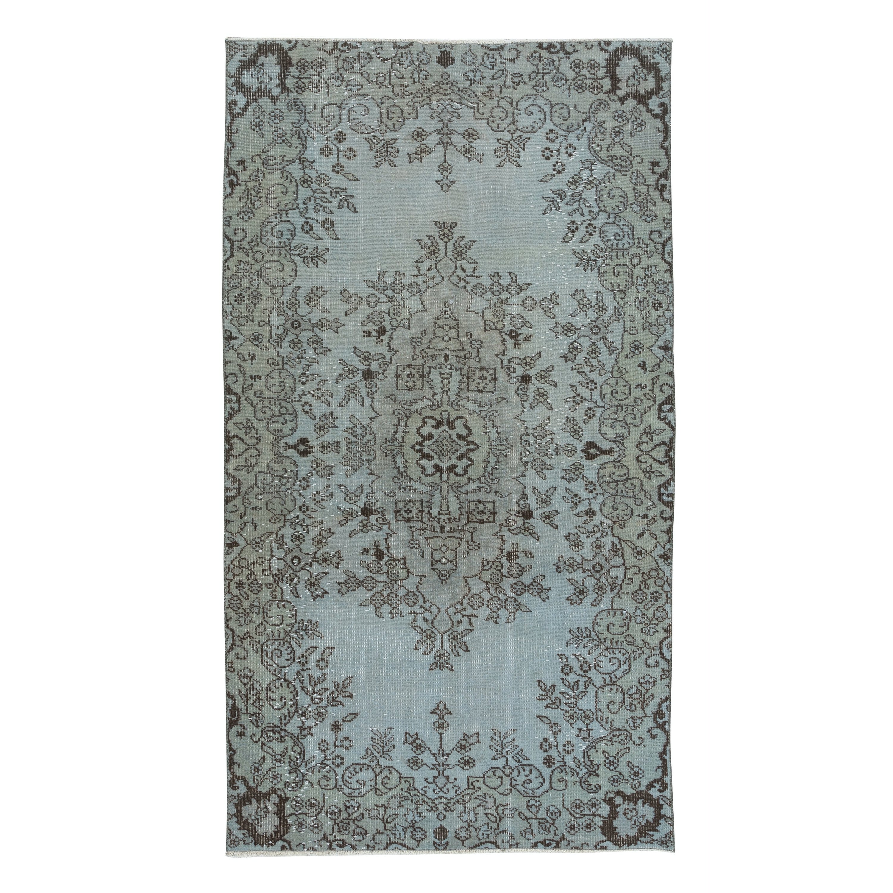 4x7 Ft Türkischer handgefertigter Teppich mit Blumenakzent in Himmelblau, großformatig, 4 moderne Inneneinrichtungen