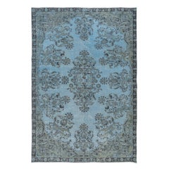 Vintage 6.4x9.4 Ft Turkish Handmade Floral Rug in Light Blue, Modern Sky Blue Carpet