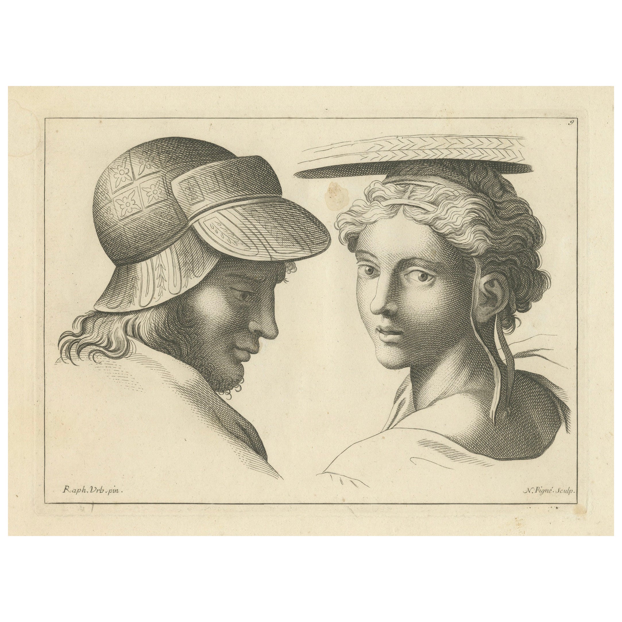 Dialogue of Eras: Cap and Feather in Profile by Pigné, 1740 For Sale