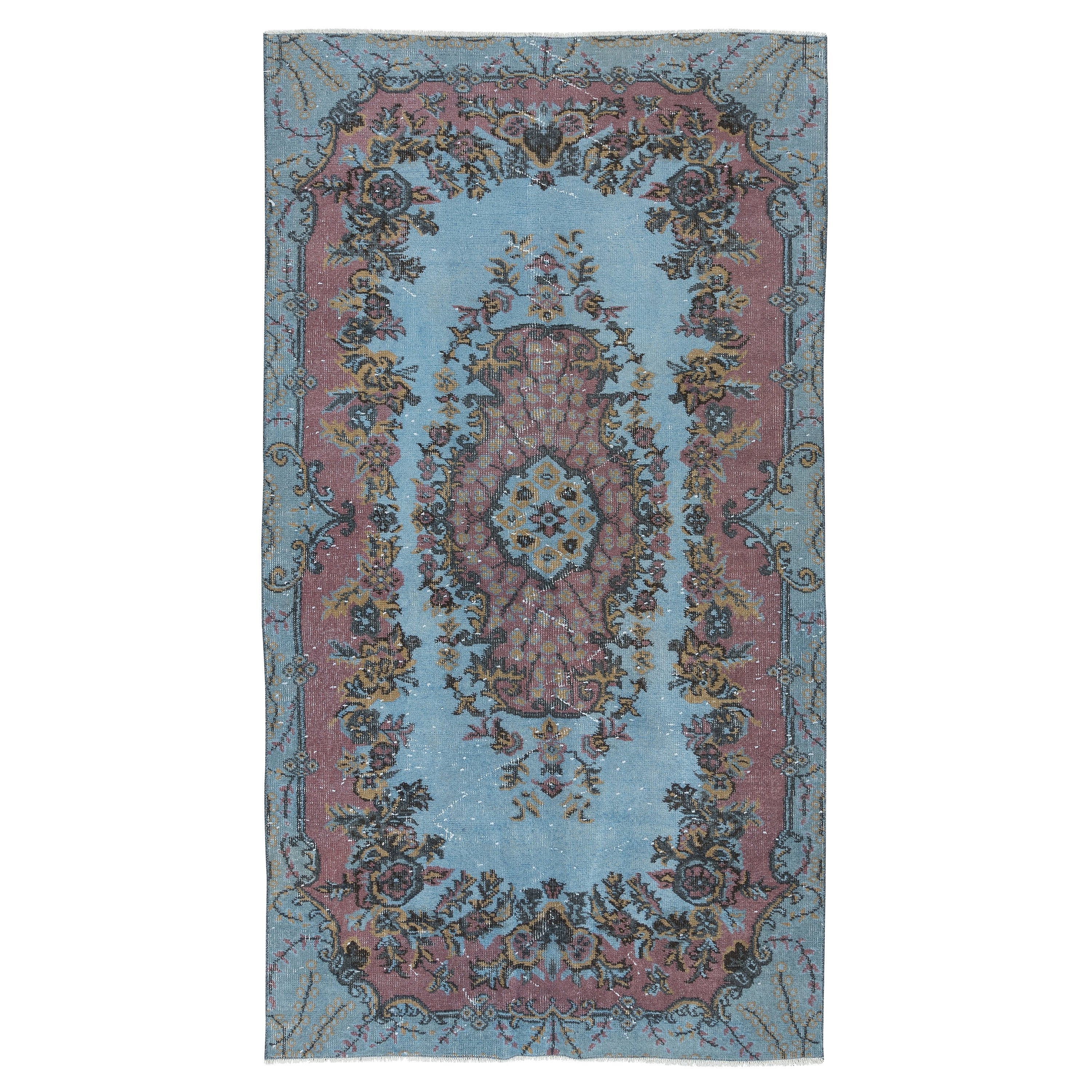3.7x8.3 Ft Handmade Turkish Rug in Light Blue & Red, Great 4 Modern Interiors For Sale