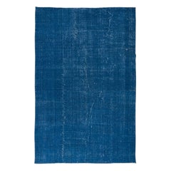 Vintage 6.5x10 Ft Handmade Turkish Rug in Solid Sapphire Blue, Unique Modern Wool Carpet