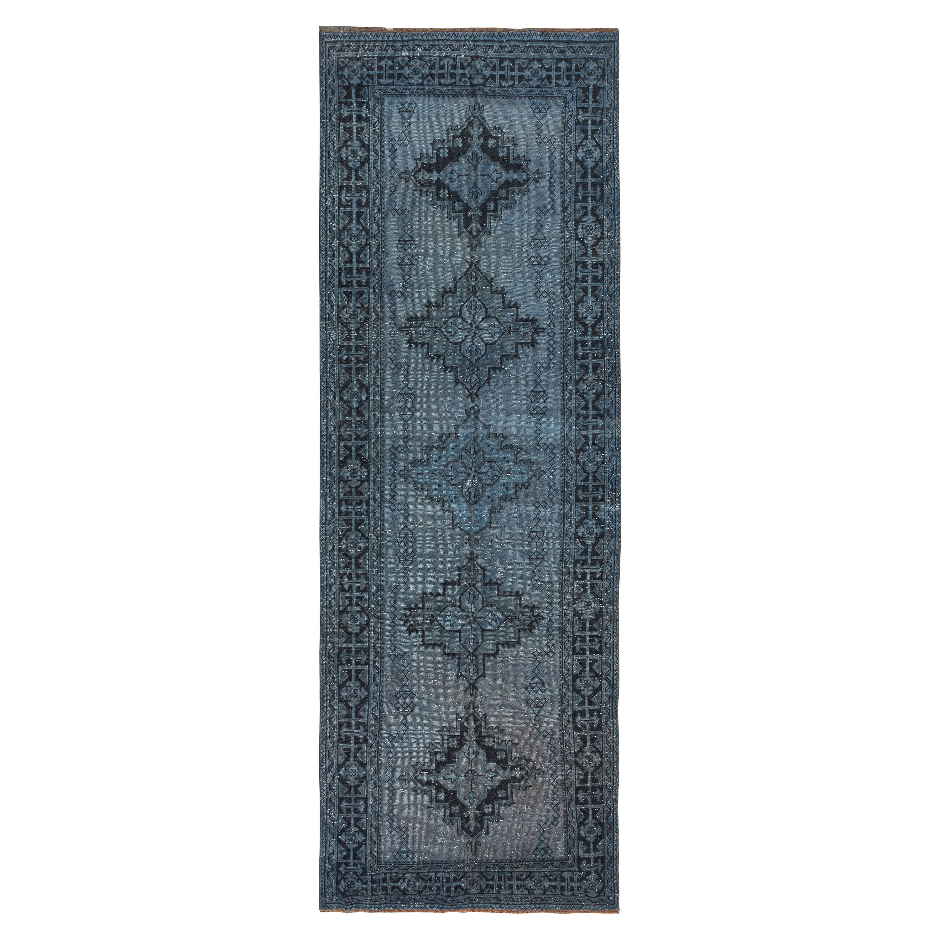 4.5x12.7 Ft Runner Rug Kitchen, Faded Blue Handmade Turkish Hallway Carpet For Sale