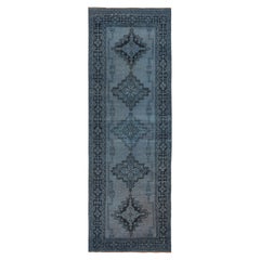 Vintage 4.5x12.7 Ft Runner Rug Kitchen, Faded Blue Handmade Turkish Hallway Carpet