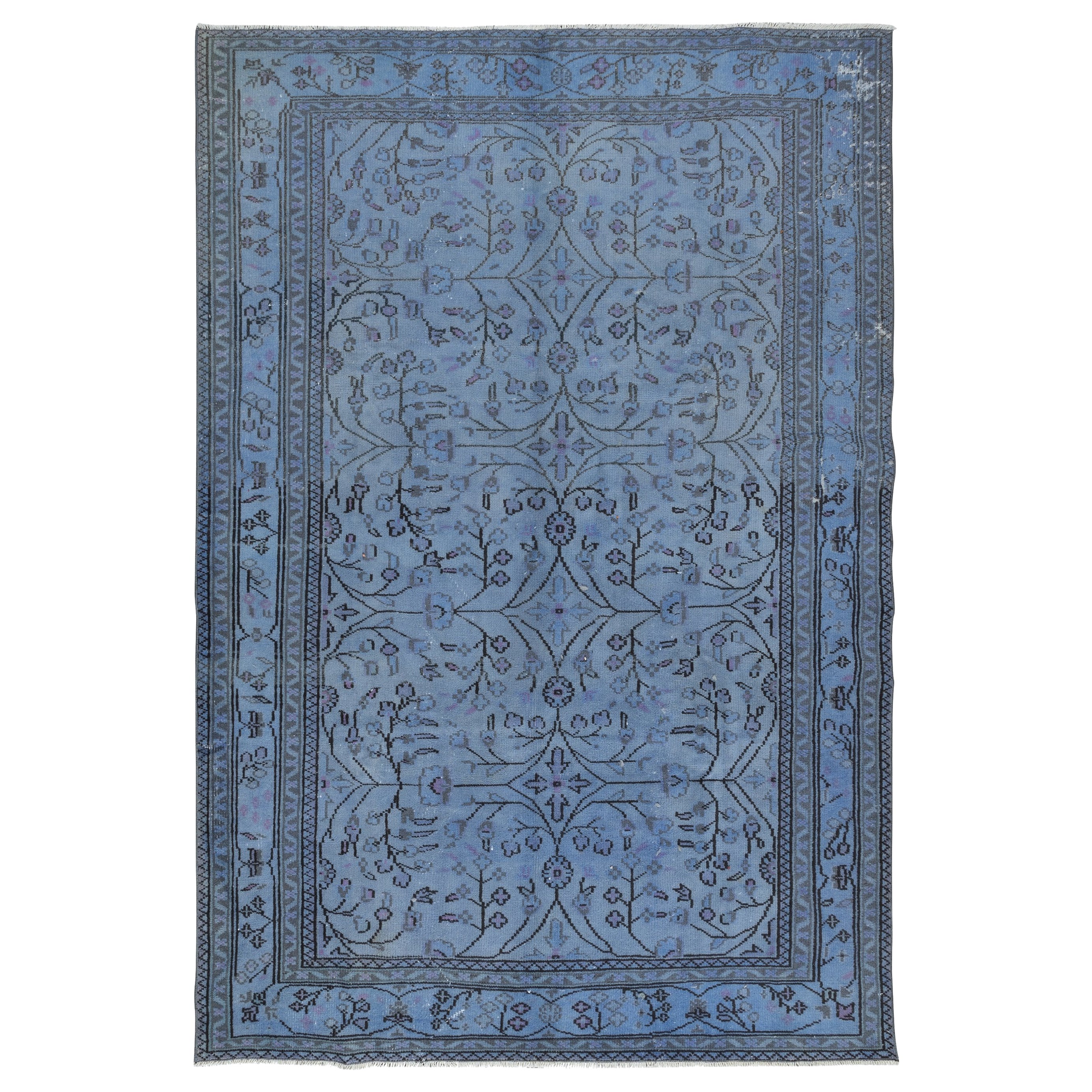 7x10 Ft Modern Handmade Rug Overdyed in Blue, One-of-a-kind Turkish Carpet For Sale