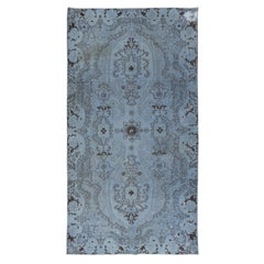 Vintage 5.5x10 Ft Contemporary Hand-Made Sky Blue Turkish Rug with French Aubusson Style