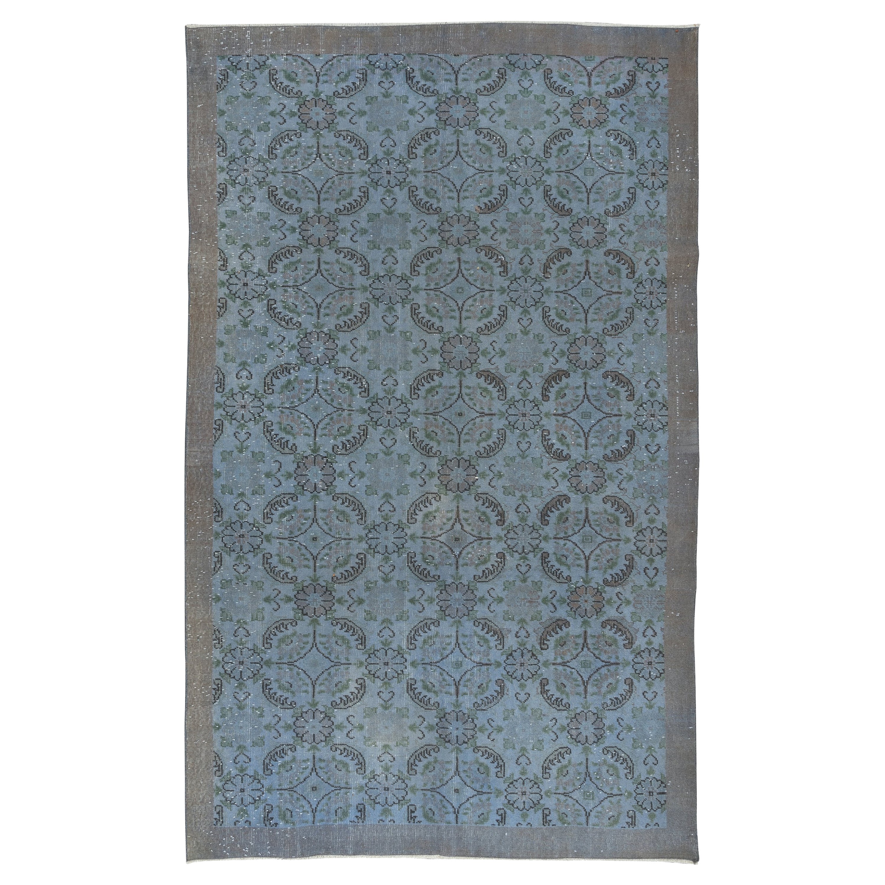 6x9.3 Ft Handmade Floral Turkish Rug with Solid Border & Light Blue Background