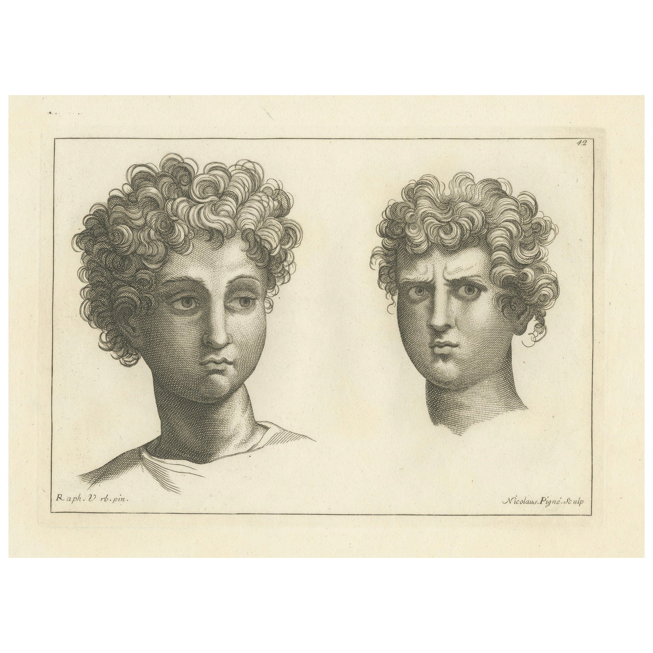 Curly Gaze: The Expressive Study by Pigné Engraved, 1740 For Sale