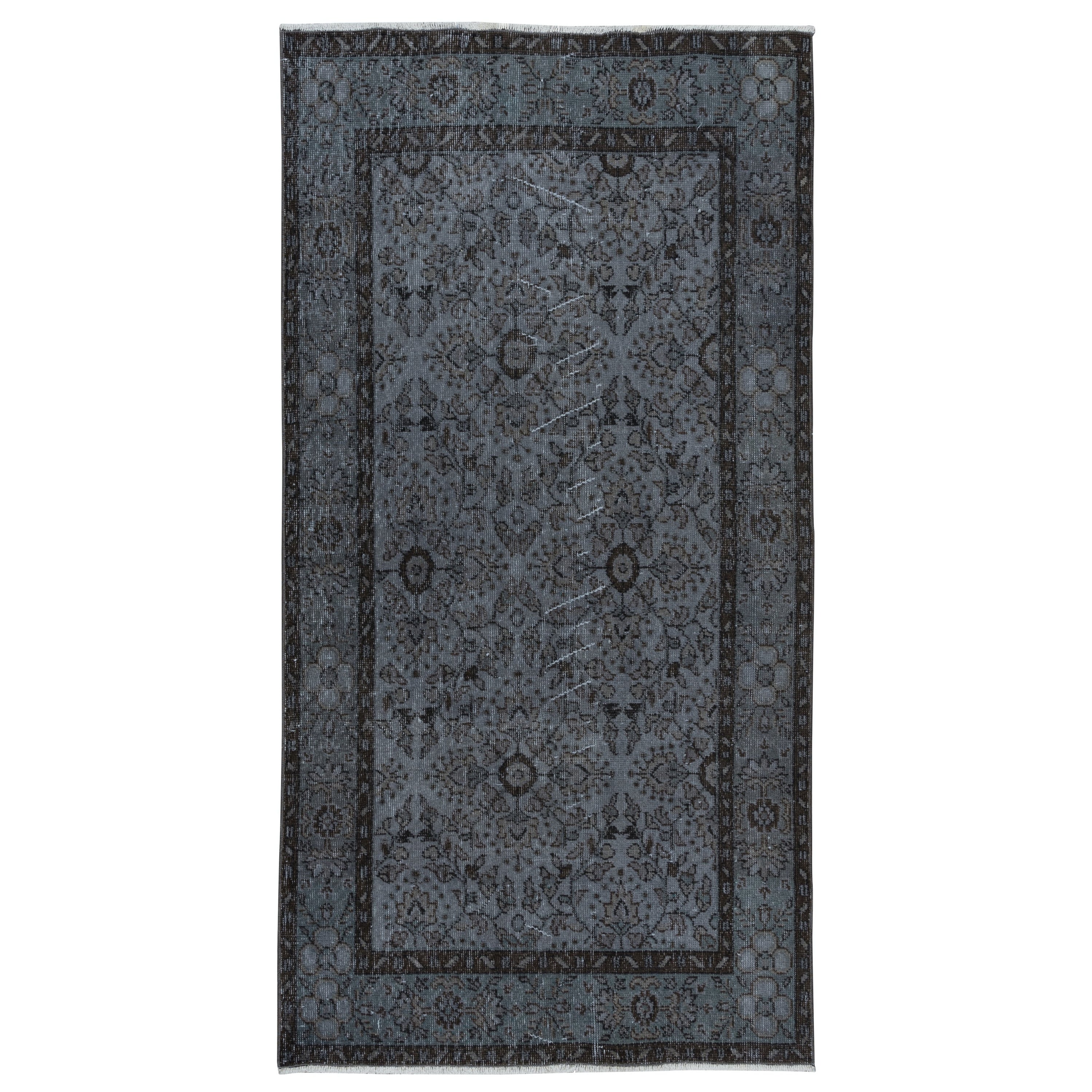 3.6x6.8 Ft Small Handmade Turkish Rug with Iron Gray Field and Floral Design For Sale