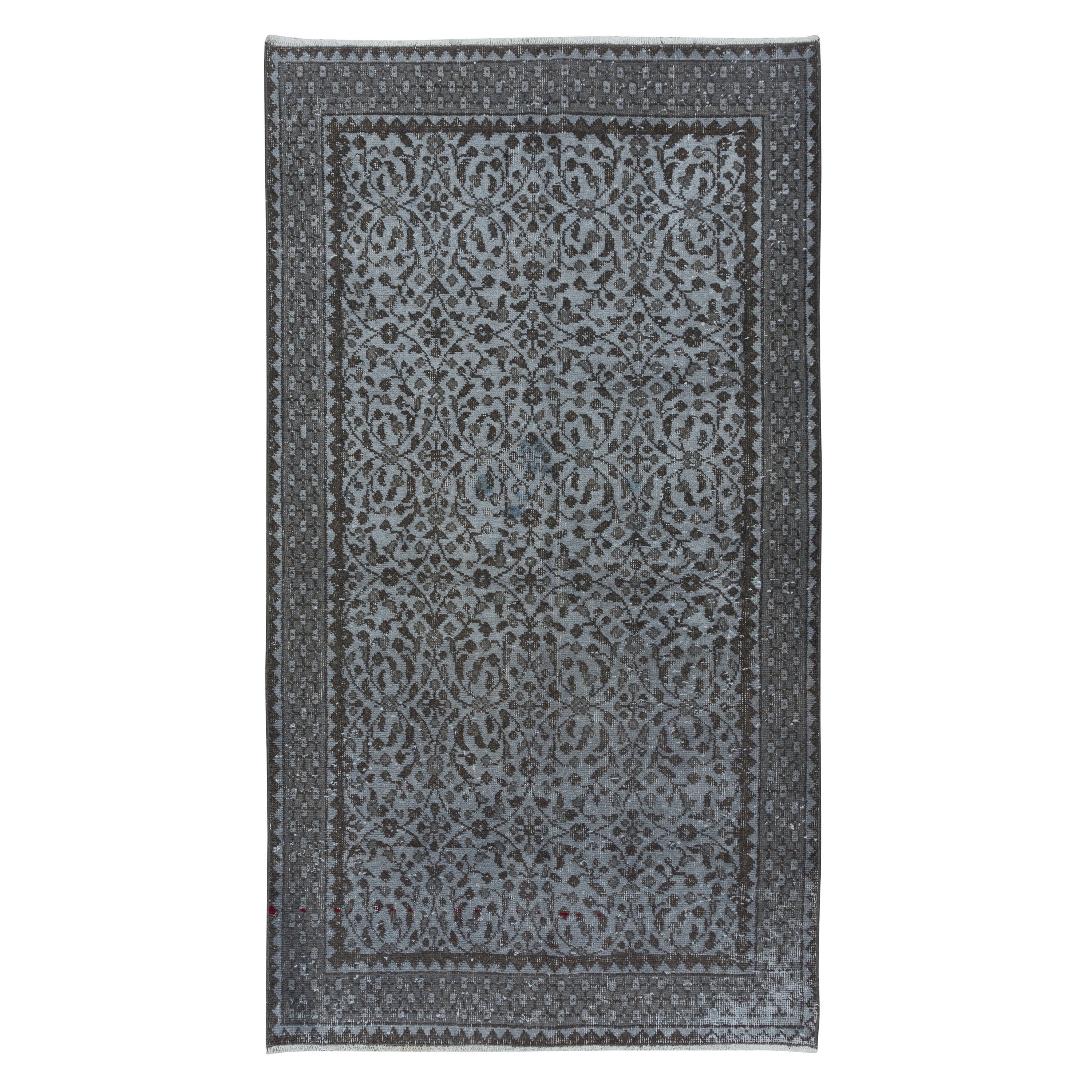 4x7 Ft Kleiner handgefertigter Teppich mit botanischem Design und grauem Hintergrund aus der Türkei