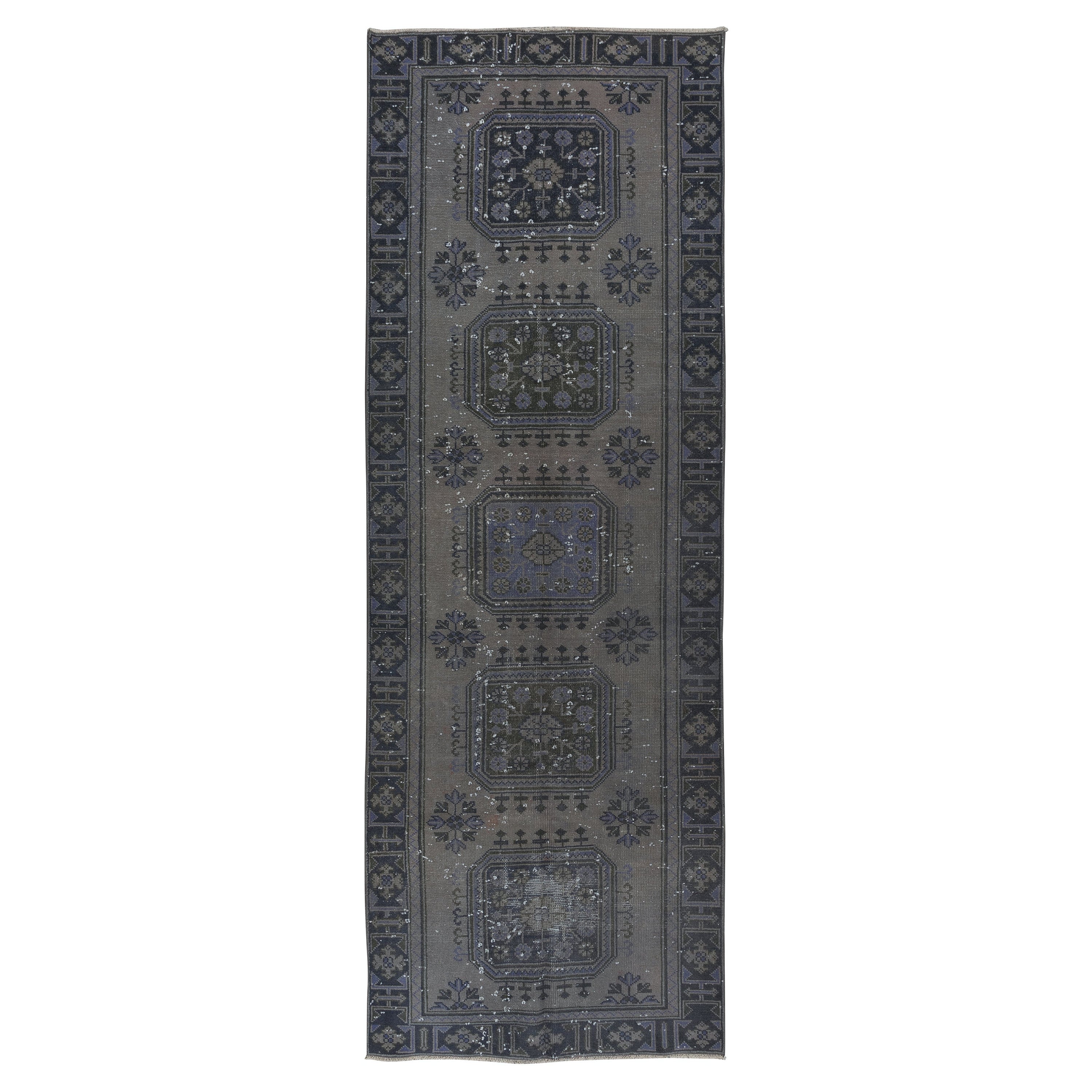4.2x11.6 Ft Turkish Runner Rug, Handmade Corridor Carpet in Gray, Black & Purple For Sale