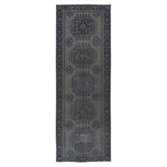 4.2x11.6 Ft Turkish Runner Rug, Handmade Corridor Carpet in Gray, Black & Purple