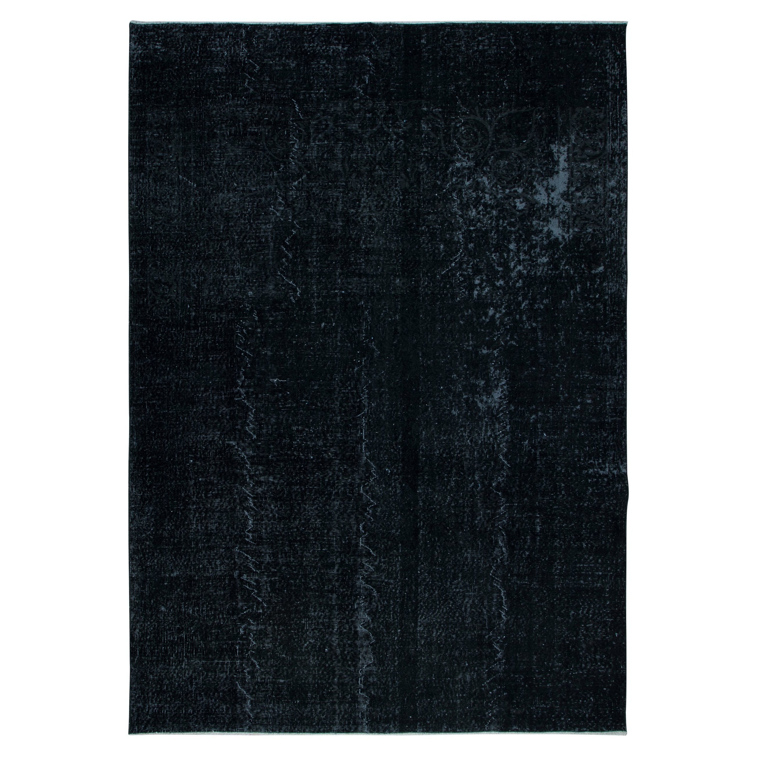7x9.8 Ft Plain Black Over-Dyed Turkish Area Rug, Handmade Vintage Large Carpet