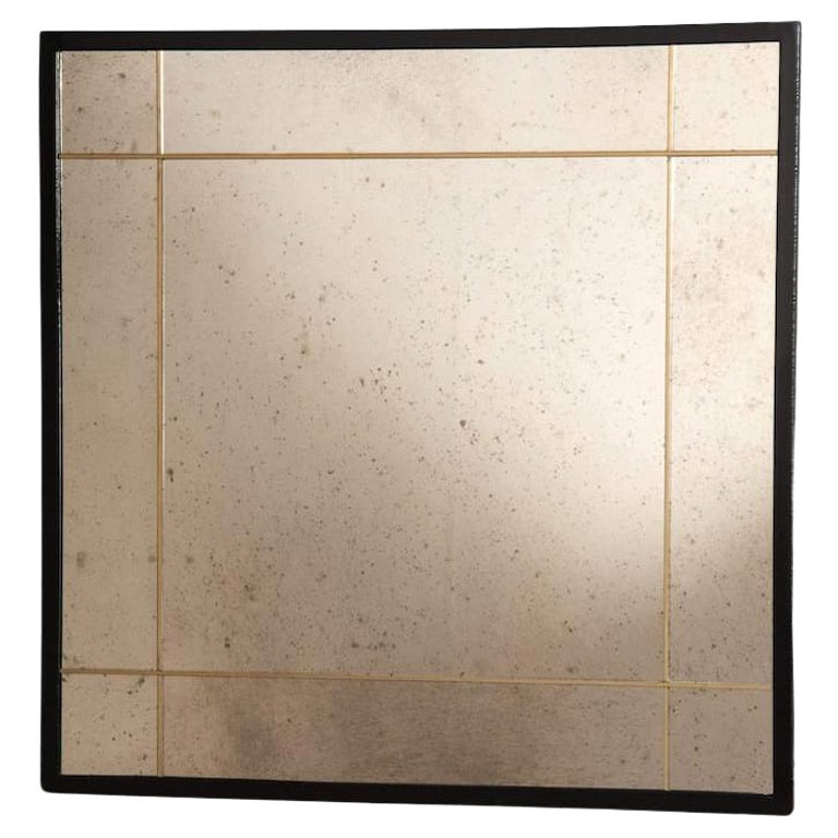 Square black metal mirror with brass profiles antique glass 80 X 80 CM For Sale