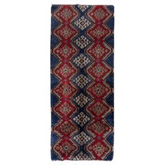 3.5x8.4 Ft Vintage Hand Knotted "Tulu" Rug in Blue, Red & Light Brown. 100% Wool